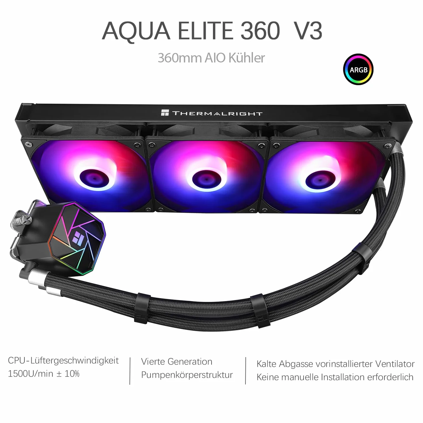 TR-Thermalright Aqua Elite 360 V3 CPU chłodzenie wodne, specyfikacja 360, wentylator chłodzący ARGB, 3 x 120 mm, łatwa instalacja, kompatybilny z AM5/AM4, LGA1851/1700/115X/1200/2011