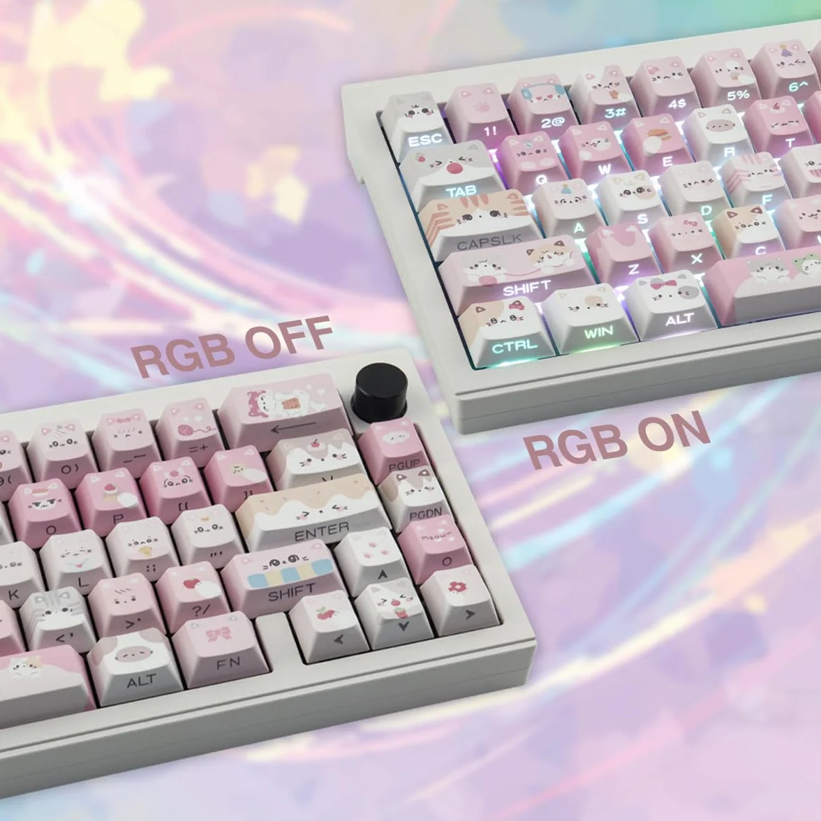 Nasadki klawiszy PBT – zestaw nasadek klawiszy z nadrukiem bocznym, 136 klawiszy Shine Through Meow Squad, niestandardowe nasadki klawiszy z motywem kota, Cherry Profile Keycap do klawiatur