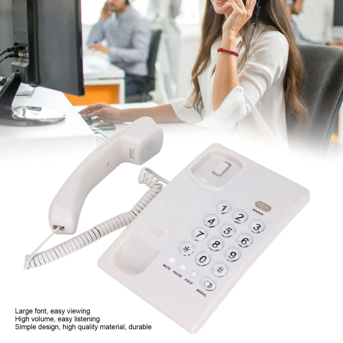 Telefon bezprzewodowy na biurko z dużym przyciskiem Telefon stacjonarny o dużej pojemności Telefon przewodowy do domowego biura hotelu (biały)