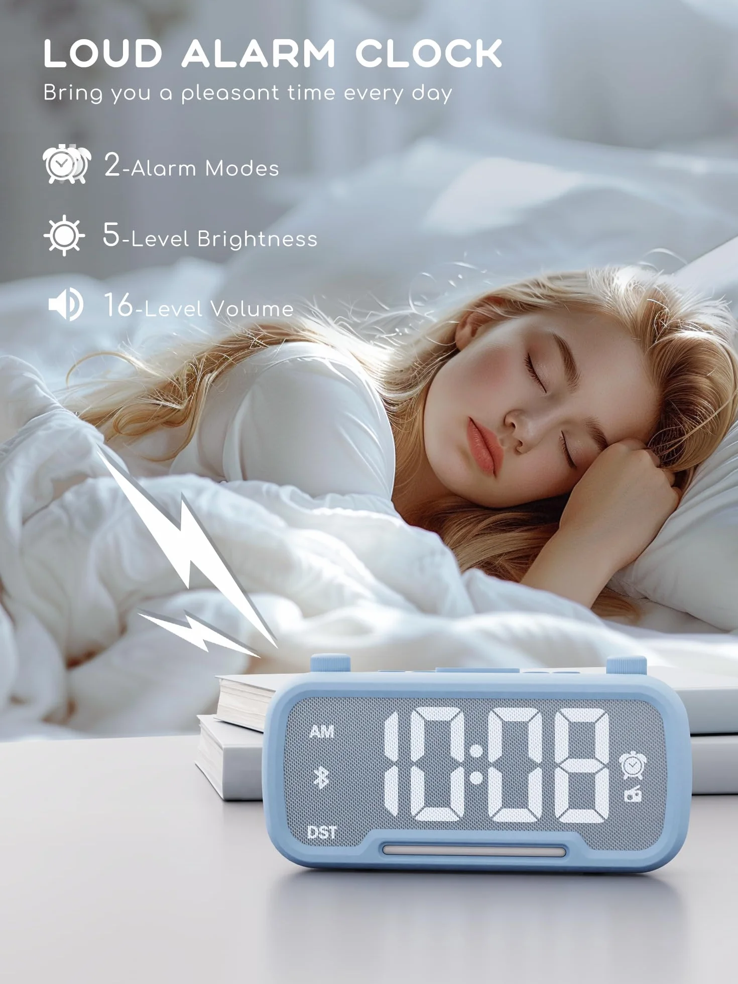 ROCAM Budzik z lampką nocną zegar LED radio FM cyfrowe zasilanie sieciowe ściemnianie USB Typ-C DST Nap timer zapasowa bateria