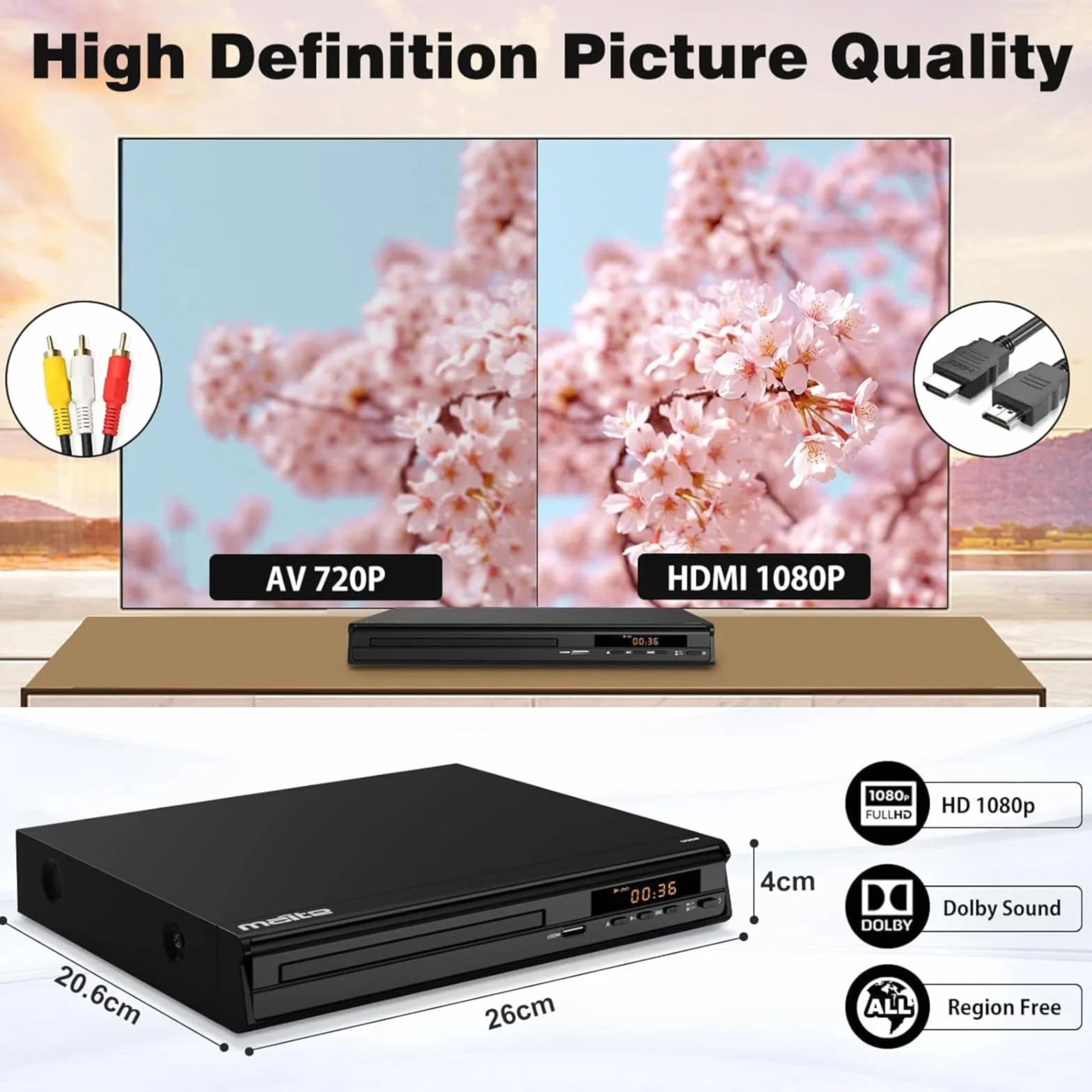 Odtwarzacz DVD Maite, Wieloregionalny Odtwarzacz DVD do TV, złącze HDMI AV, Wejście USB, Mikrofon, System NTSC/PAL, Pilot Zdalnego Sterowania, Telewizor Kompaktowy, HD DVD Player