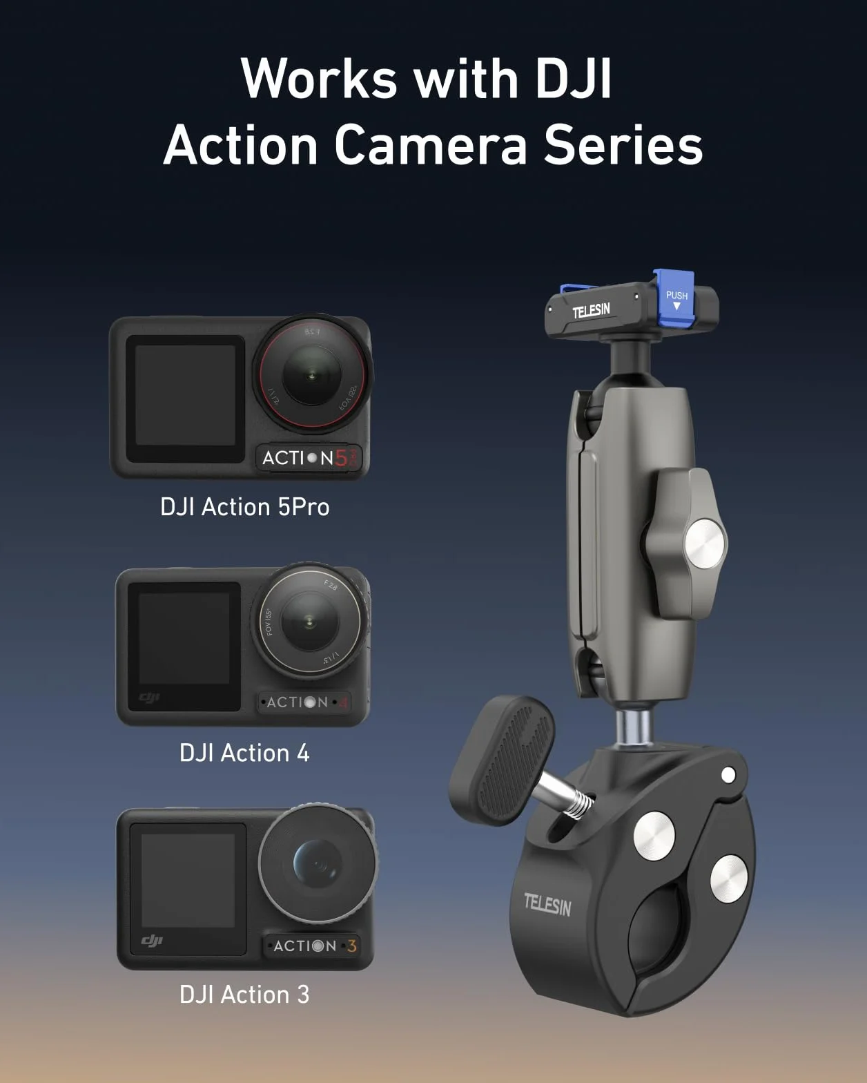 TELESIN Super uchwyt zaciskowy, uchwyt rowerowy do DJI Osmo 360/Action 6 5 Pro/Action 4/Action 3/Pocket 3, klipsy magnetyczne z podwójnym zamkiem | głowica kulowa obracana o 360°, pasuje do kierownicy