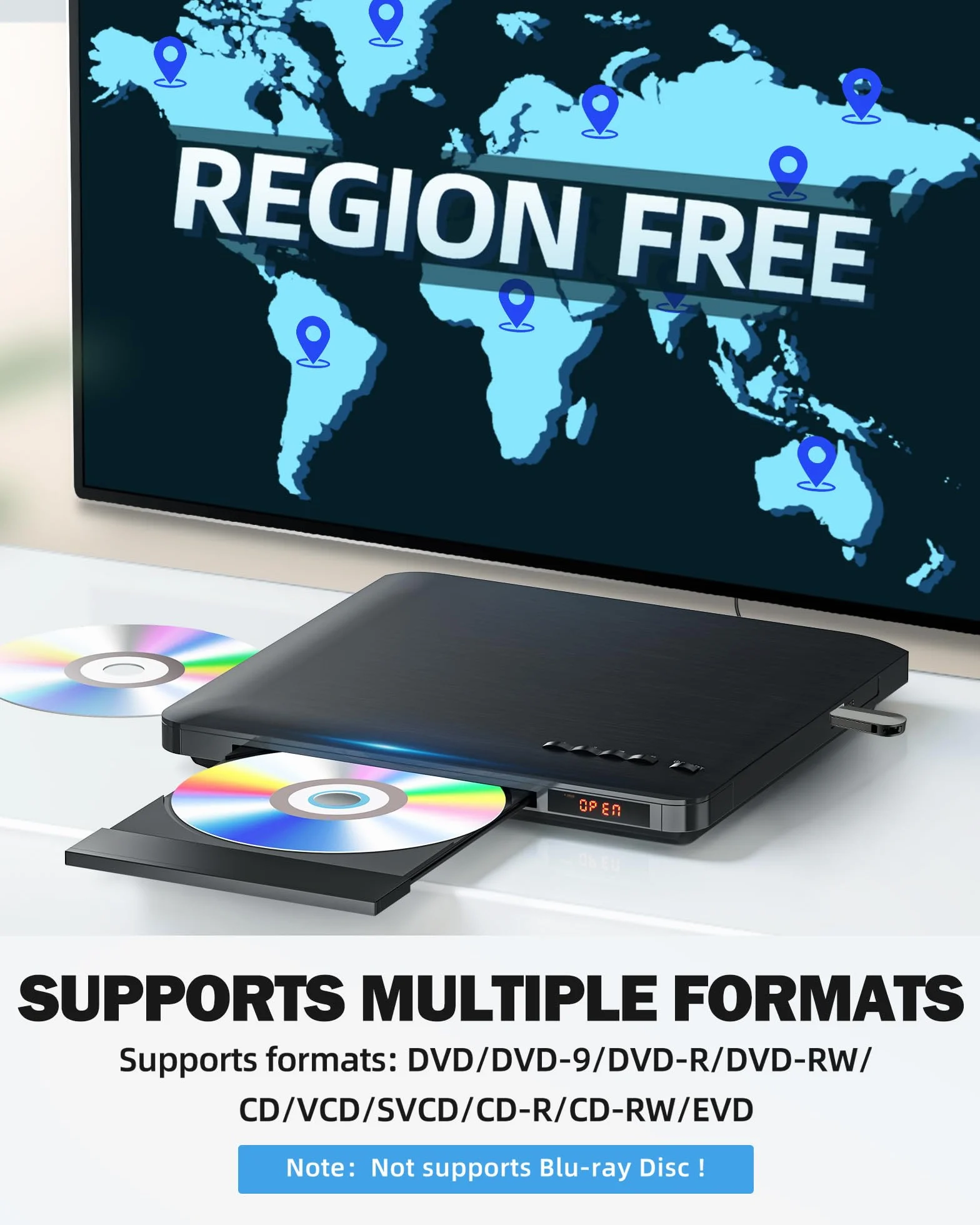 Odtwarzacze DVD do telewizorów z HDMI, odtwarzacze DVD bez podziału na regiony z systemem NTSC/PAL, odtwarzacz CD do domowego systemu stereo, dołączone kable HDMI/RCA, pilot zdalnego sterowania