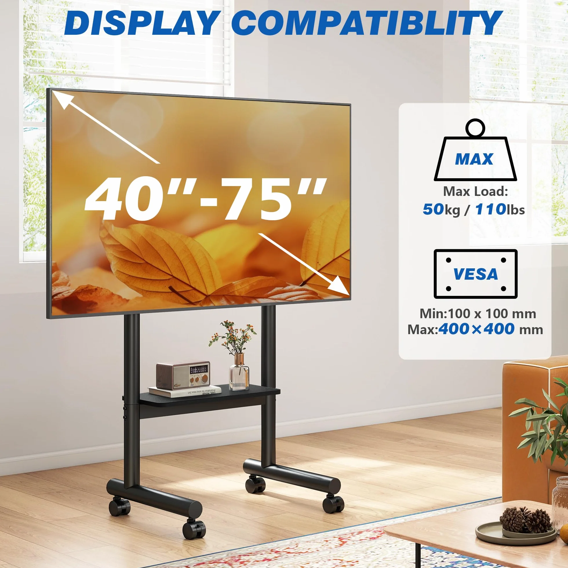 5Rcom Mobilny stojak na telewizor na kółkach – regulowany w wysokości stojak pod telewizor na podłodze dla ekranów płaskich LCD/LED/OLED o przekątnej 32–70 cali, wózek TV z półką do 50 kg