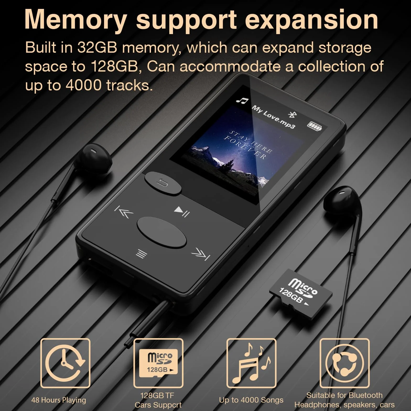 Odtwarzacz MP3 Bluetooth 5.3, dźwięk HiFi, 32 GB, czarny