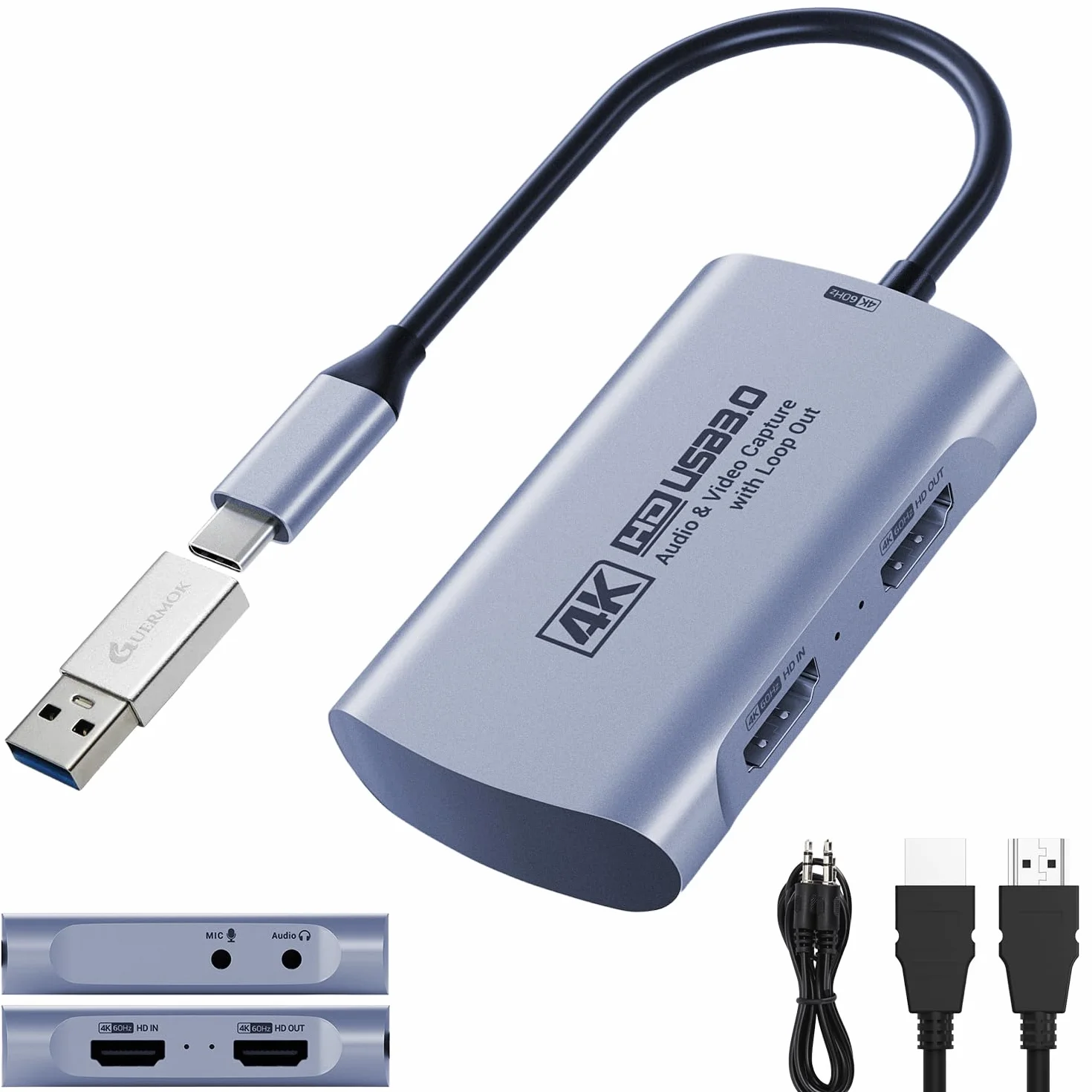 Guermok Karta 4K 60 FPS i 1080P 240 FPS HDMI do strumieniowego przesyłania, USB 3.0 do USB-C/A, 4K60 Passthrough, wejście audio 3,5 mm i wyjście mikrofonu, kompatybilna z Switch 2/1, PS, Quest 3, PC