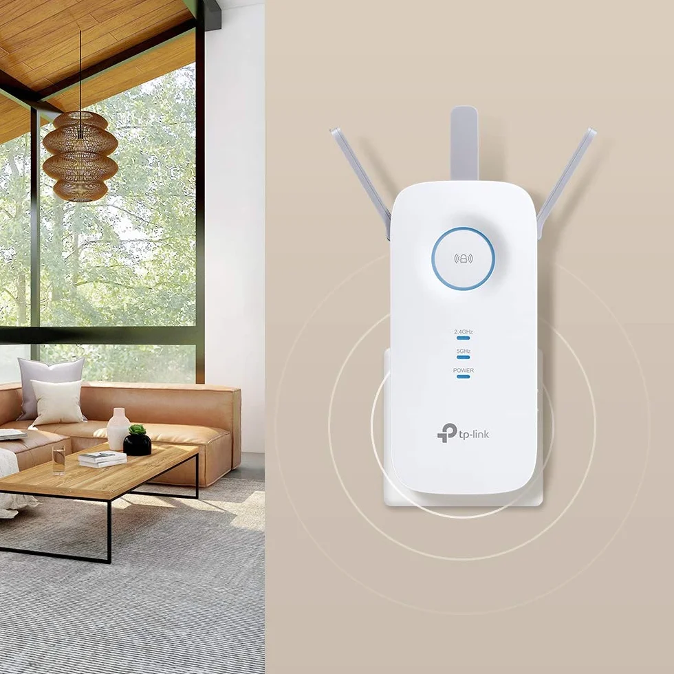 TP-Link RE550 – Wzmacniacz sygnału Wi-Fi AC1900, 1300 Mb/s (5GHz) + 600 Mb/s (2.4GHz), 3 anteny, port Gigabit, tryb AP, wskaźnik sygnału
