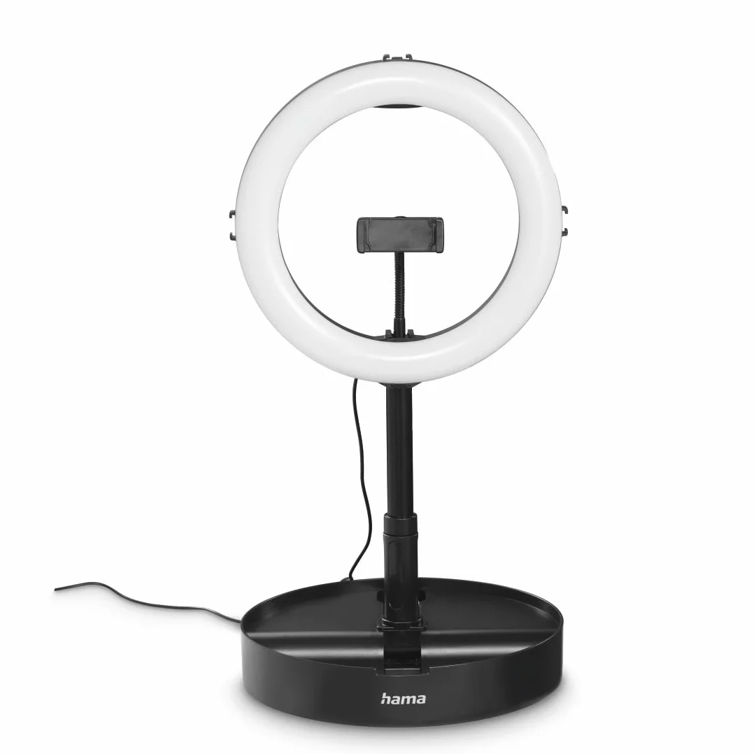 Hama lampa pierścieniowa uchwytem LED 128 (uchwyt na smartfon, kabel 190 cm, 10,2 cali, ze stojakiem, do selfie ring light) czarna