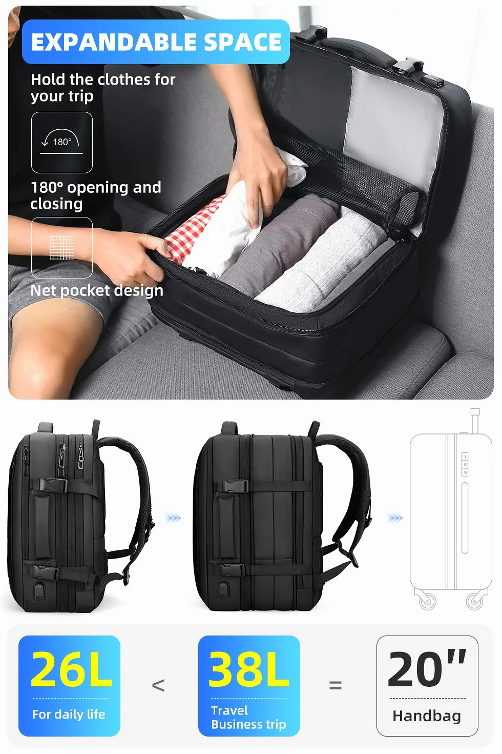 MARK RYDEN Powiększany plecak 25-40L, biznesowy plecak męski, 17" torba na laptopa z przyłączem USB do ładowania, wodoszczelny, zabezpieczający przed kradzieżą, do samolotu, bagaż podręczny, czarny