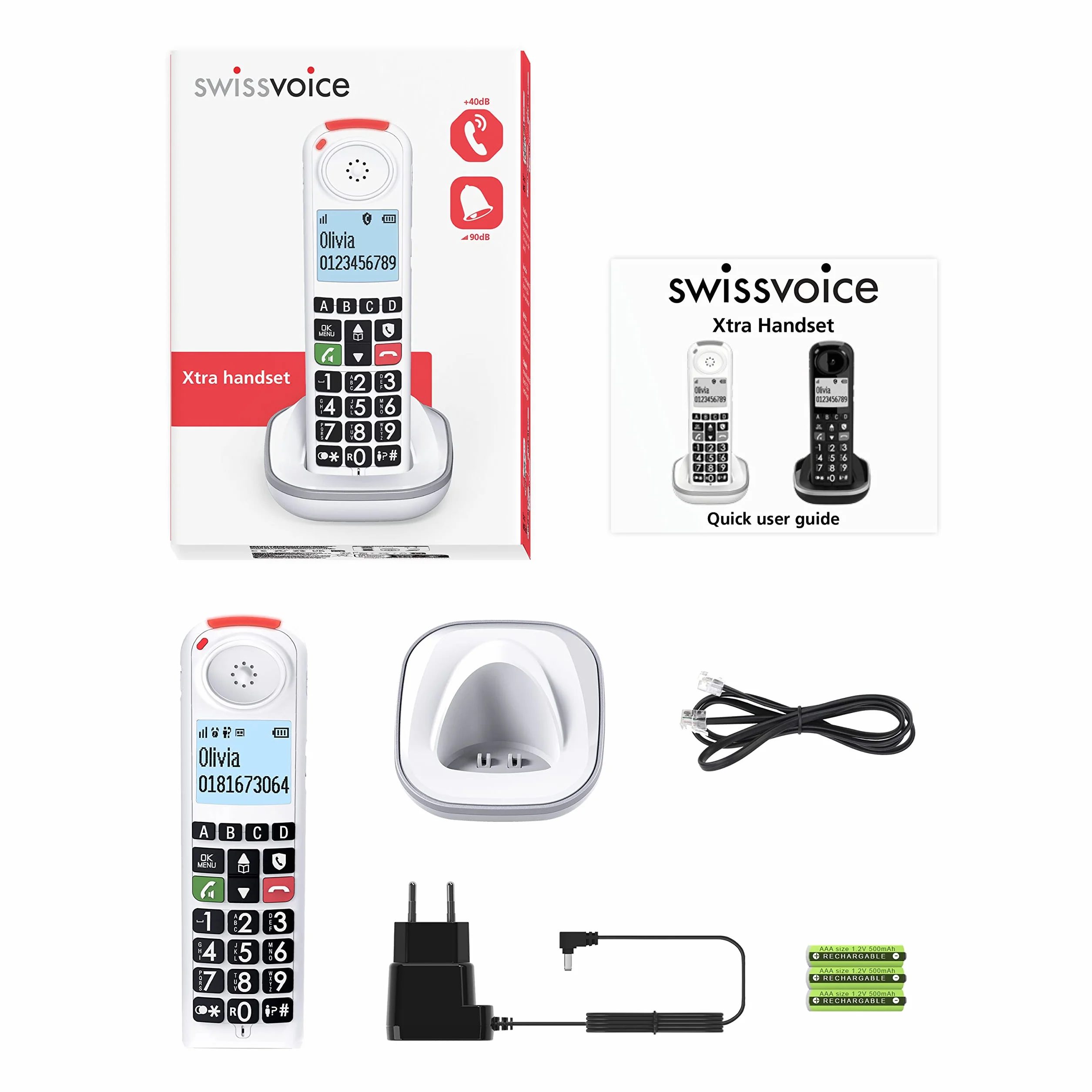 swissvoice Xtra 2355, szerokoprzyciskowy bezprzewodowy telefon DECT z automatyczną sekretarką, wzmocnienie audio, głośne dzwonki, kompatybilny z aparatami słuchowymi, funkcja blokady połączeń