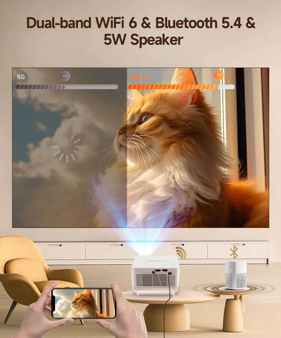 Magcubic Projektor, HY300max Mini projektor 4K i 8K z podwójnym zakresem WiFi 6 BT 5.4, 260 ANSI obsługuje autofokus i korekcję trapezu, nadaje się do projektora kina domowego
