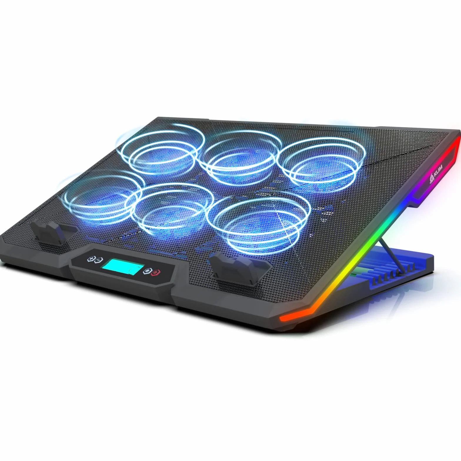 KLIM Glacier stojak chłodzący do laptopa z 6 wentylatorami, nowy 2023 - z podświetleniem RGB - 11-17,3 cala - podkładka chłodząca do laptopa do gier, stabilna i cicha, zasilana przez USB podkładka