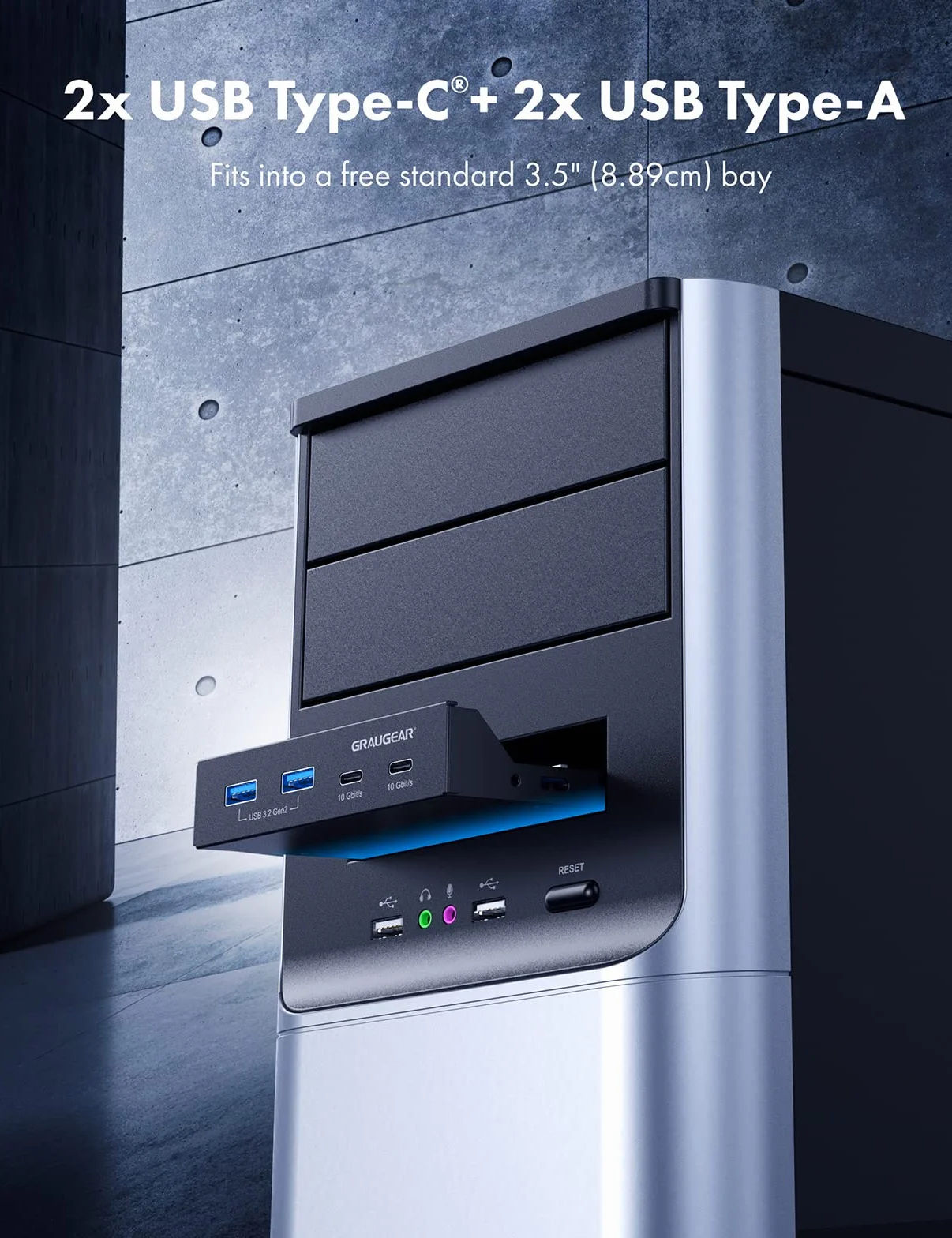 GRAUGEAR | 4 porty 10 Gbit/s panel przedni | 2 x USB-C+2X USB-A USB3.2 Gen2 HUB | osłona przednia do kieszeni 3,5 cala | USB3.2 Gen2 Key A 20-pinowy nagłówek | metal | G-MP02