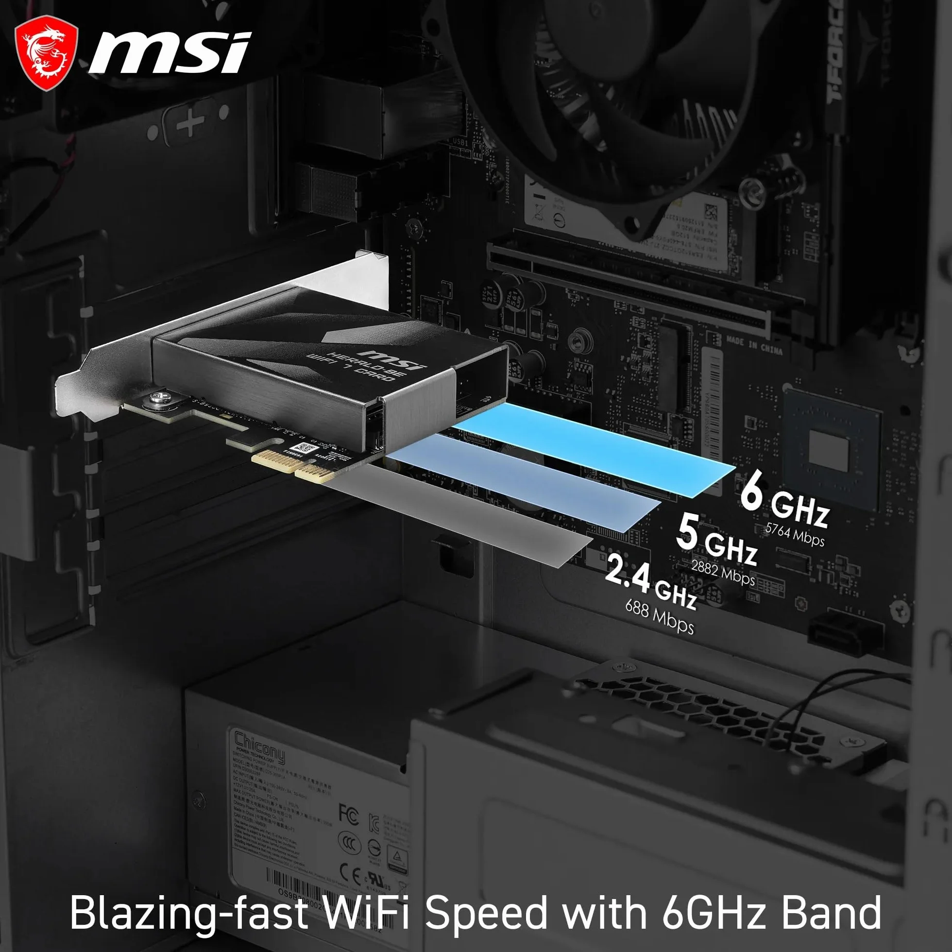 MSI Herald BE9400 7-pasmowa karta PCIe WiFi do komputera stacjonarnego, Bluetooth 5.4, 6 GHz, MLO, 320 MHz, 5,8 GB/s