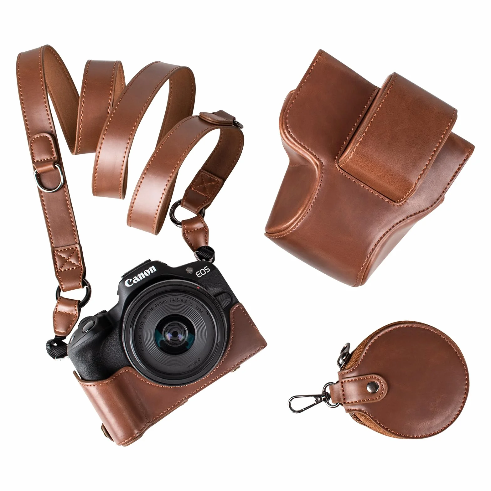 MUZIRI KINOKOO EOS R50 R100 etui, retro etui ochronne ze skóry PU do aparatu Canon EOS R50 R100 - torba na aparat z dolnym otworem i paskiem na ramię i kieszenią do przechowywania
