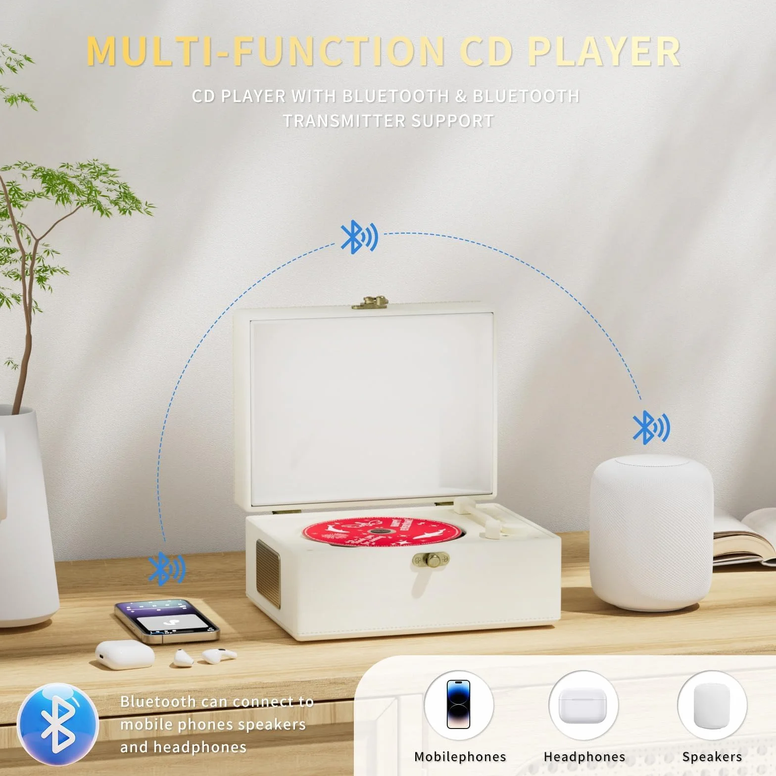 Yintiny Ładowalny skórzany odtwarzacz CD z głośnikami, nadajnik Bluetooth, prezent festiwalowy, odtwarzacz BGM do dekoracji wnętrz, biały