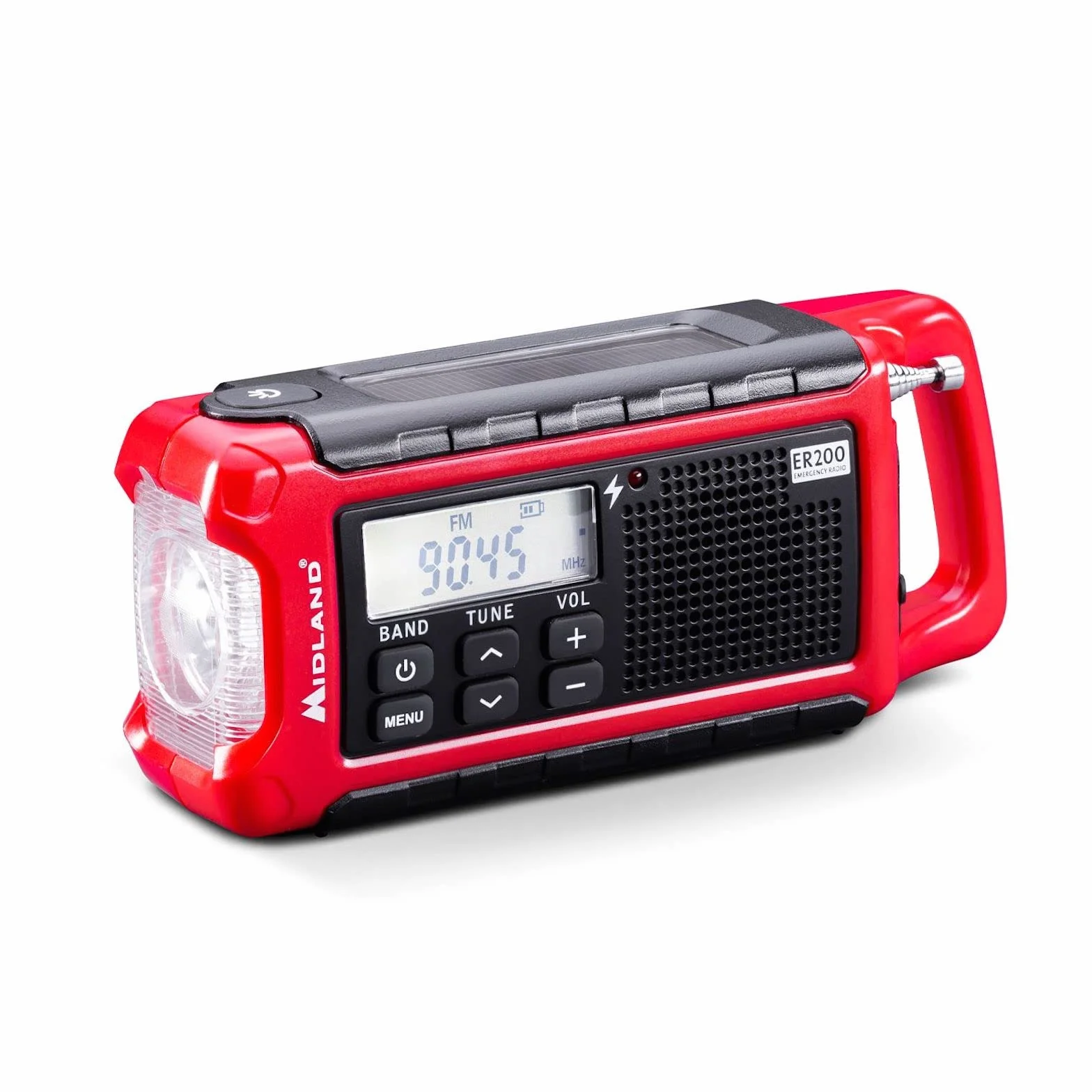 Midland ER200 Wielofunkcyjne Przenośne Radio Nakręcane, Awaryjny Powerbank 2200 mAh, Latarka LED, Solarna, Korba Ręczna, AM/FM USB, Akumulatory i Kabel USB