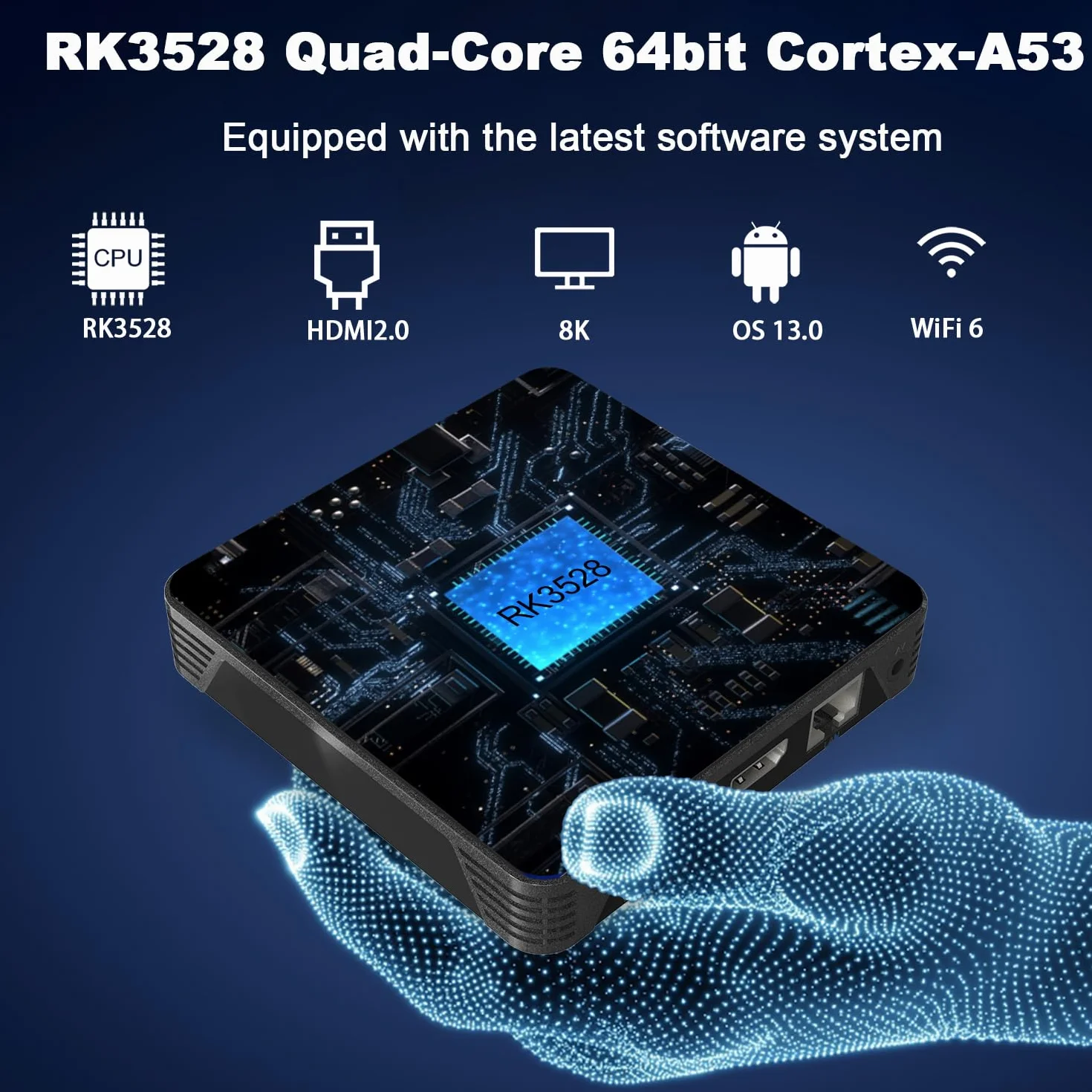 GREVA Android 13.0 TV Box 2 GB RAM 16 GB ROM, Smart TV Box Android TV 4K 8K RK3528 64bit czterordzeniowy, 2,4/5,0 GHz WiFi6, dwuzakresowy odtwarzacz BT 5.0, 10/100 m, Ethernet, Internet, HDMI Ultra HD