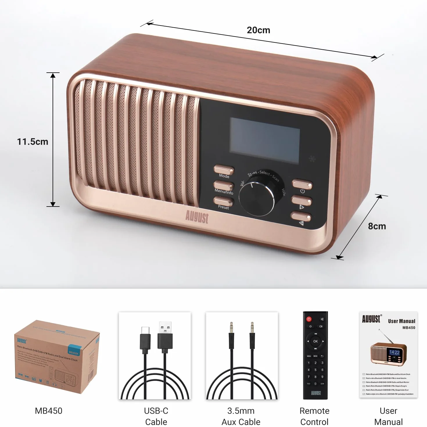 August MB450K-Radio DAB DAB+ FM Retro Przenośne Radio z Bluetooth 5.3, USB/AUX, MicroSD, Bateria 18h, Pilot Dębowy