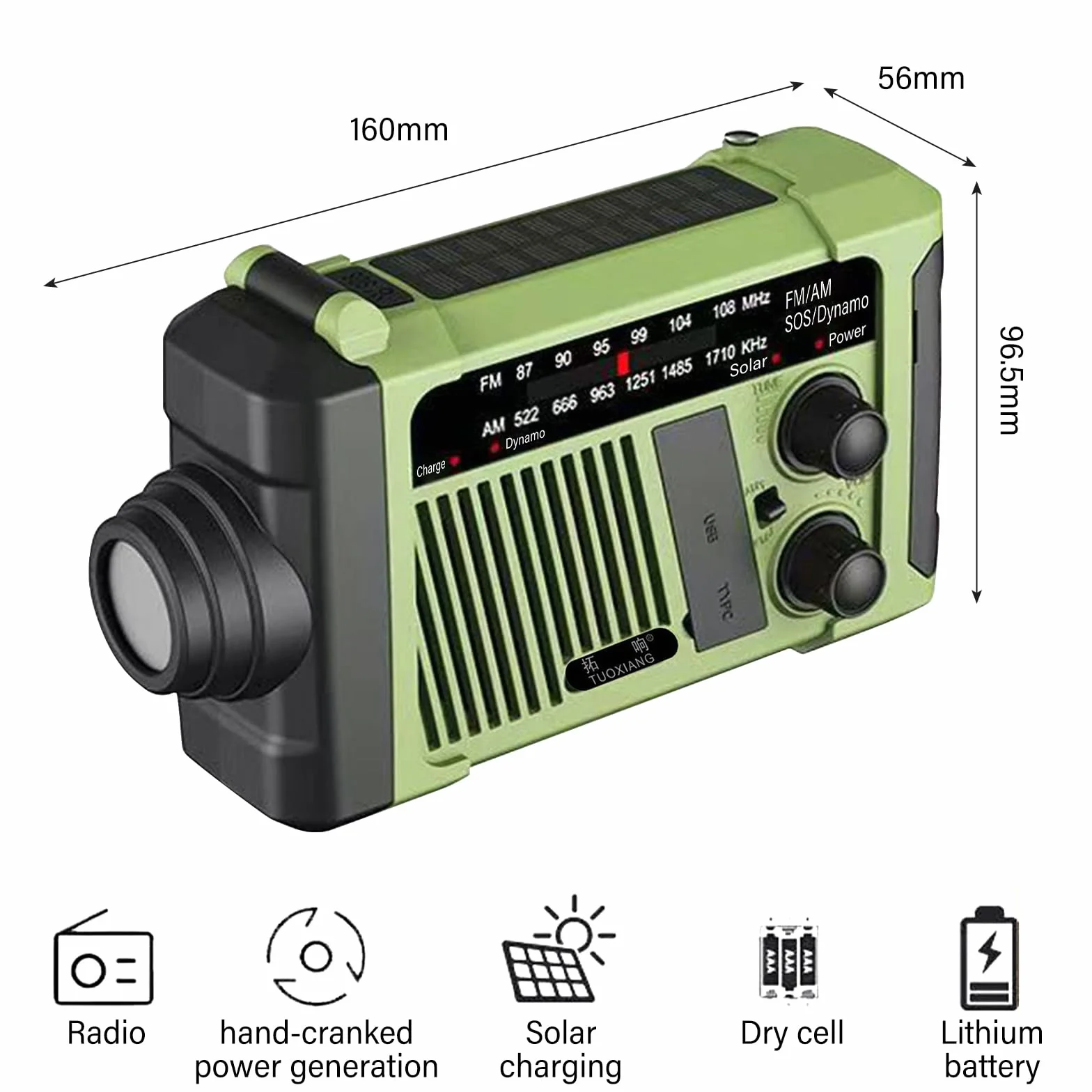 Radio korbowe, 1800 MA, radio awaryjne, solarne radio z korbą, do użytku na zewnątrz, na kemping, w sytuacjach awaryjnych, SOS, wytwarzanie prądu za pomocą korbki ręcznej, zielone (160 x 96 x 56 mm)