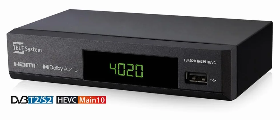 TELE System TS4020 Dekoder z podwójnym tunerem DVB-T/T2 i DVB-S/S2 HEVC HD HDR10 HLG. Dostęp do niekodowanej telewizji naziemnej i satelitarnej oraz radia.