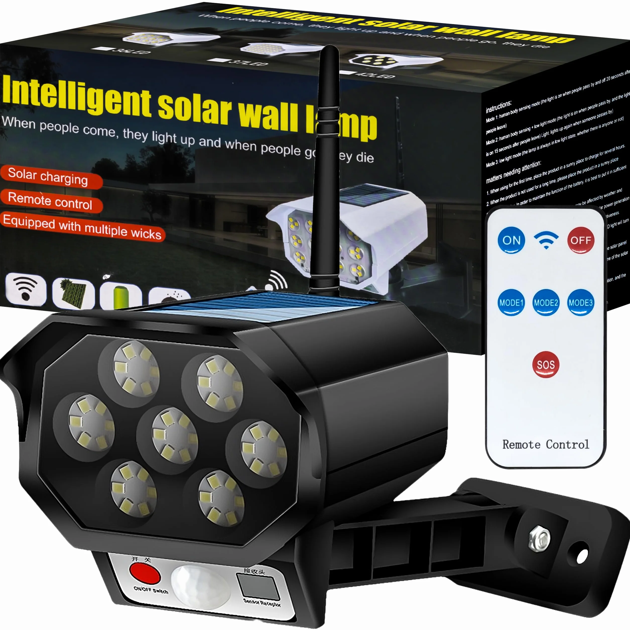 Retoo Atrapa Kamery z lampą LED, czujnikiem ruchu i zmierzchu, lampa solarna zewnętrzna 14.6x8.5x8.2 cm zasilana energią słoneczną, uchwyt na ścianie, czarna