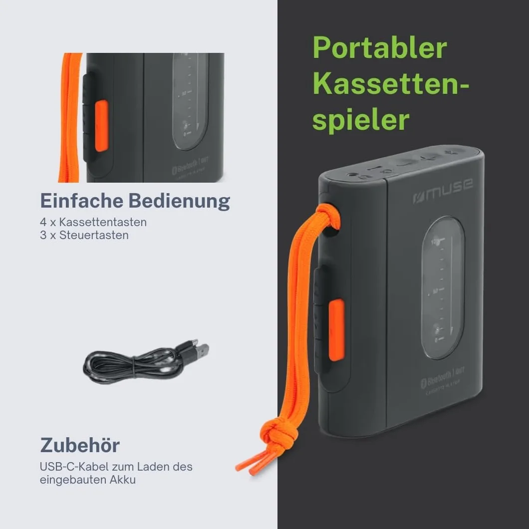 MUSE Przenośny odtwarzacz kasetowy z przyłączem słuchawkowym, szybkie ładowanie przez USB-C – eleganckie wzornictwo, czarny