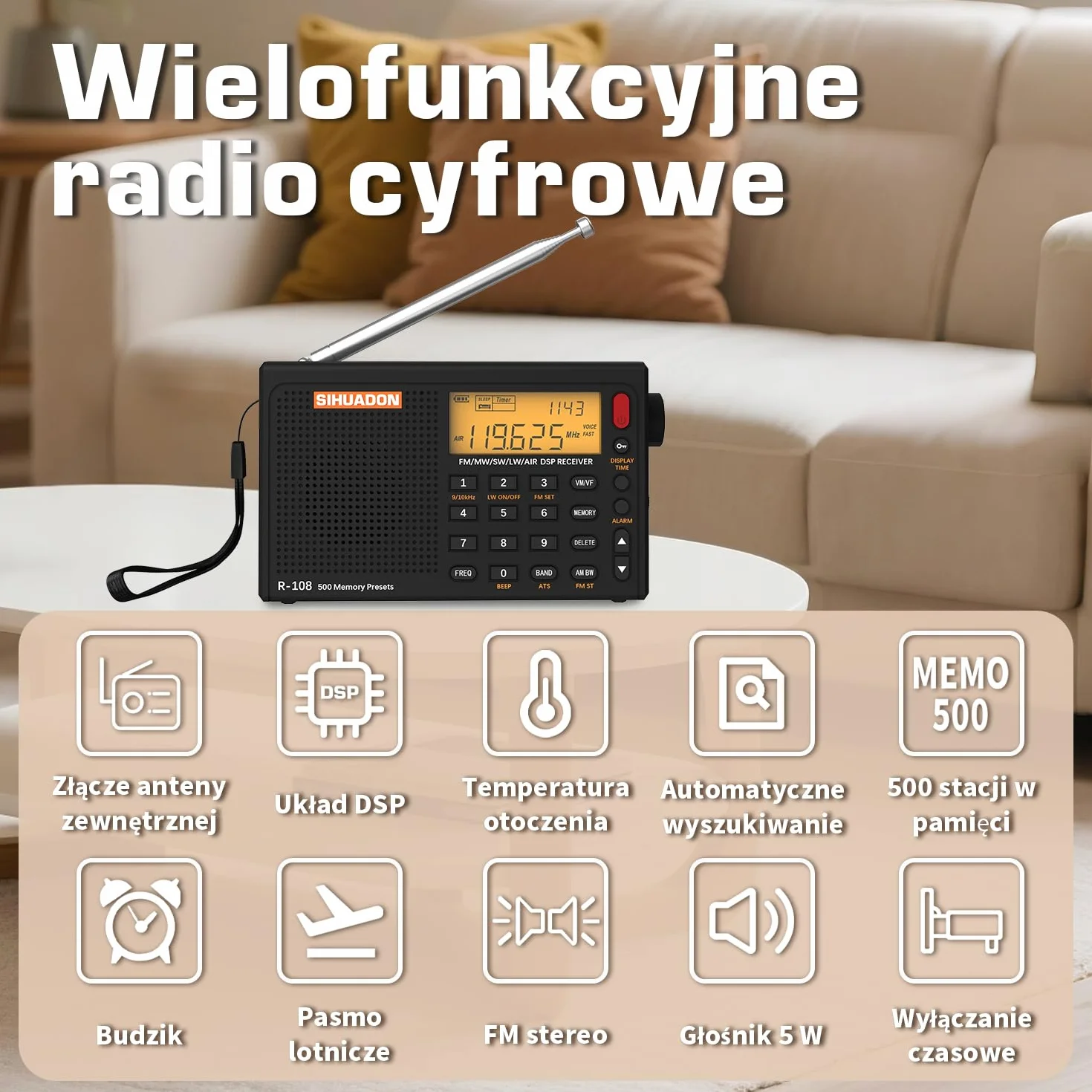 Radio przenośne SIHUADON R108 FM, wielozakresowe SW, MW, z czystym odbiorem i doskonałym dźwiękiem, gniazdo słuchawkowe, timer, budzik, zasilanie na baterie, kolor czarny
