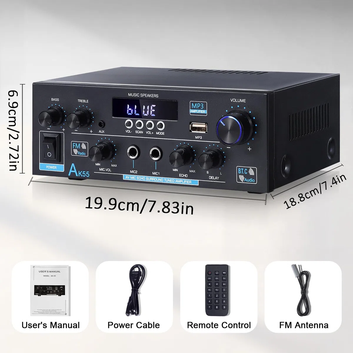 Wzmacniacz HiFi WOOPKER Mini wzmacniacz, 500 W, 2 kanały Bluetooth HiFi Stereo w/radio FM, USB, SD, RCA, MIC In, wzmacniacz audio, odbiornik do domu lub samochodu (AK55)