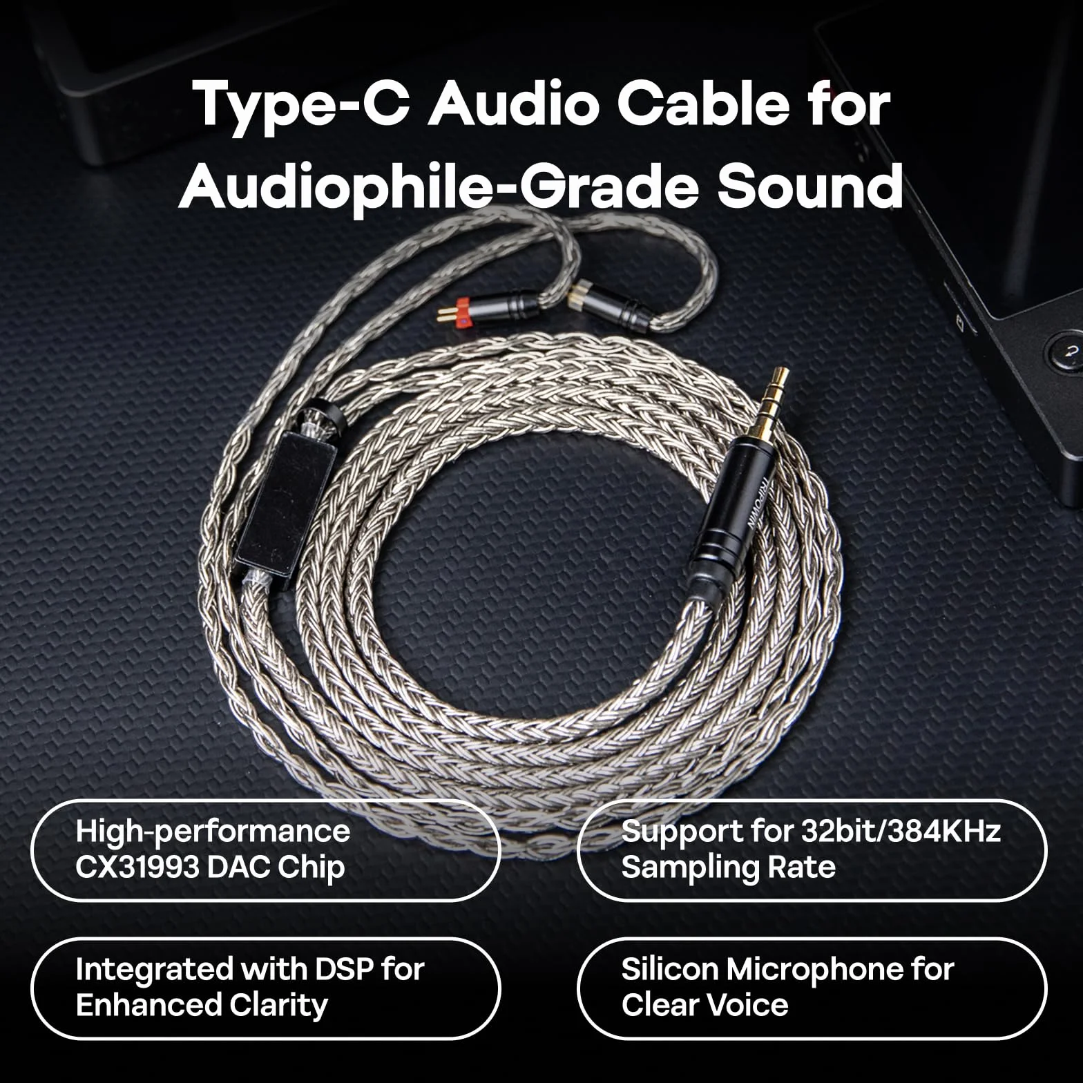 Linsoul Tripowin Zonie HiFi IEM Upgrade kabel, z mikrofonem Omni, 16-żyłowy, posrebrzany kabel słuchawkowy SPC, opcje typu C/3,5 mm, 1,25 m, nieplączący się przewód dla audiofilów (typ C, 2-pinowy