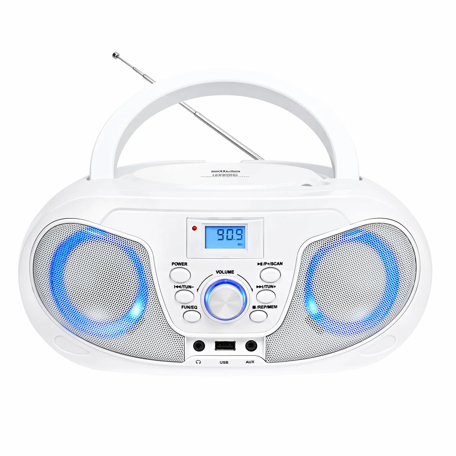 Silva Schneider MPC 25.4 USB przenośny odtwarzacz CD z radiem FM, USB do MP3, AUX i gniazda słuchawkowego, wyświetlacz LCD, 40 W p.m.p.o., zasilanie sieciowe/bateryjne – biały