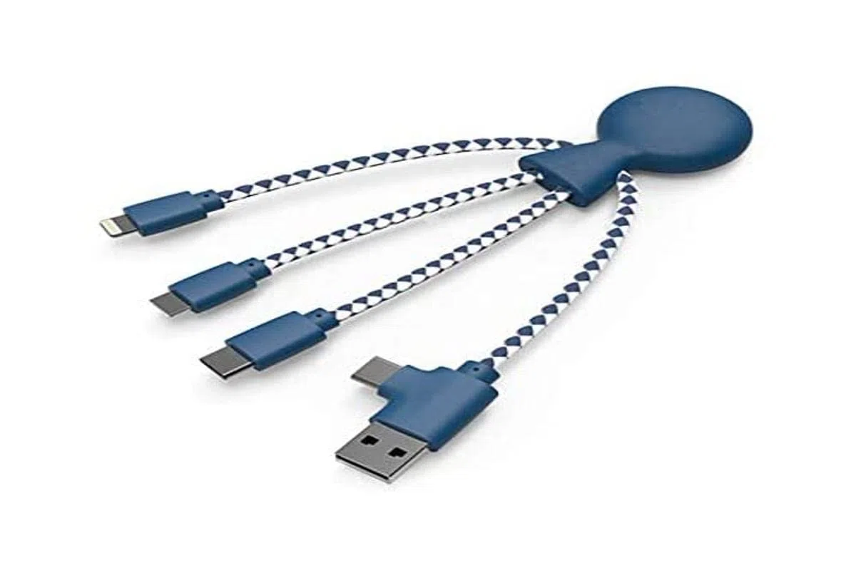 Xoopar Kabel Multi USB Mr Bio 4 w 1, trwały kabel USB, USB-C, micro USB, Lightning do Apple iPhone Samsung Google Huawey Xiaomi OnePlus LG Kindle (niebieski)