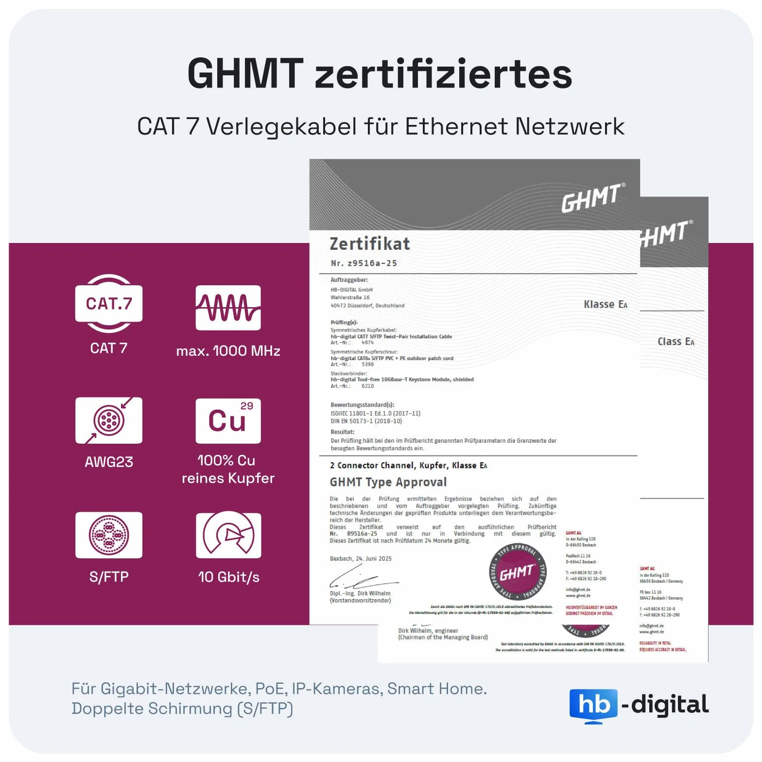 HB-DIGITAL Kabel sieciowy LAN CAT.7 AWG 23 do układania, profesjonalny kabel instalacyjny S/FTP, czysta miedź, PIMF, LSZH bez halogenu, zgodność z RoHS, PoE, 10 Gbit/s, GHMT, żółty, 50 m