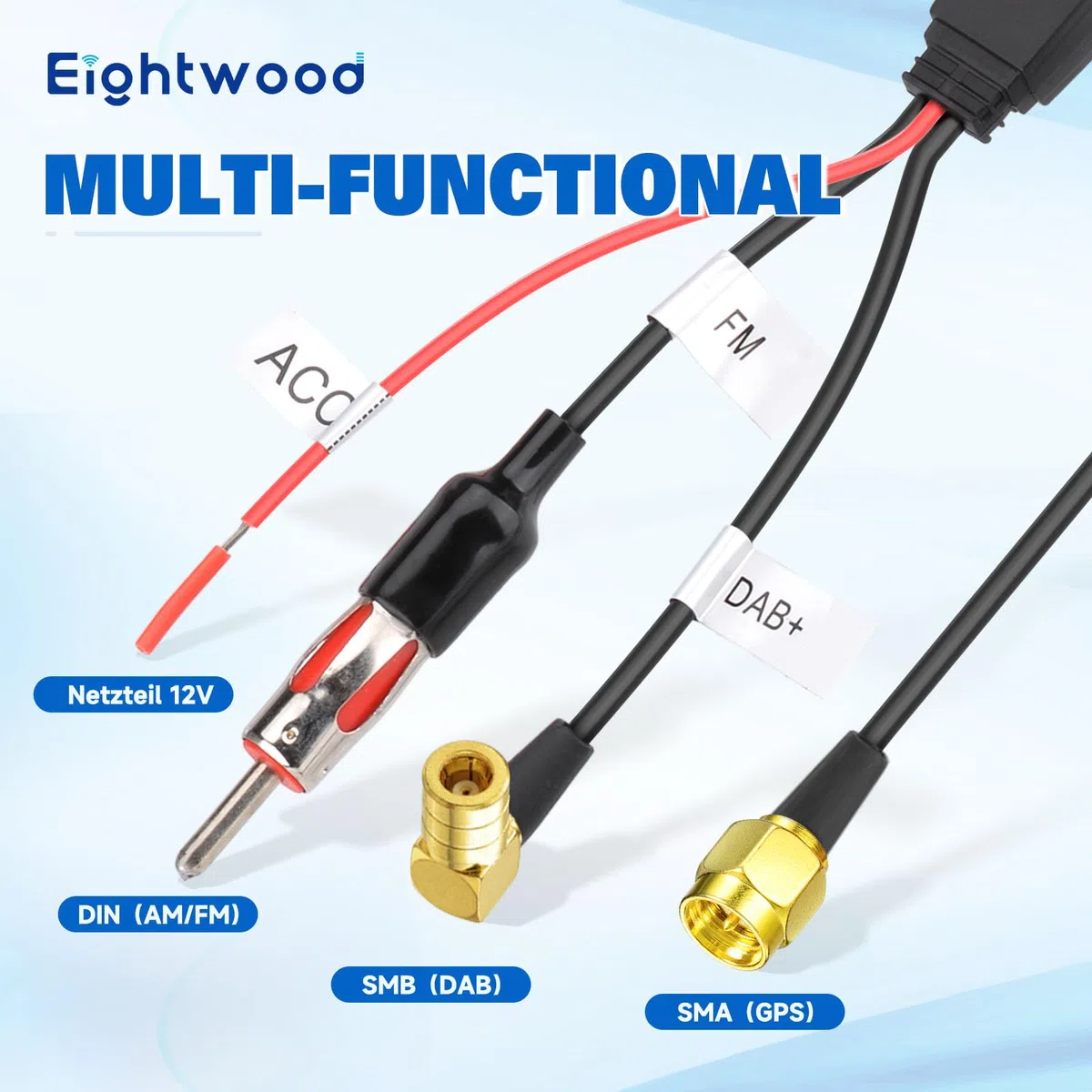 Eightwood DAB DAB+ antena samochodowa ze wzmacniaczem sygnału, rozdzielacz AM/FM, GPS, SMB, SMA, adapter DIN