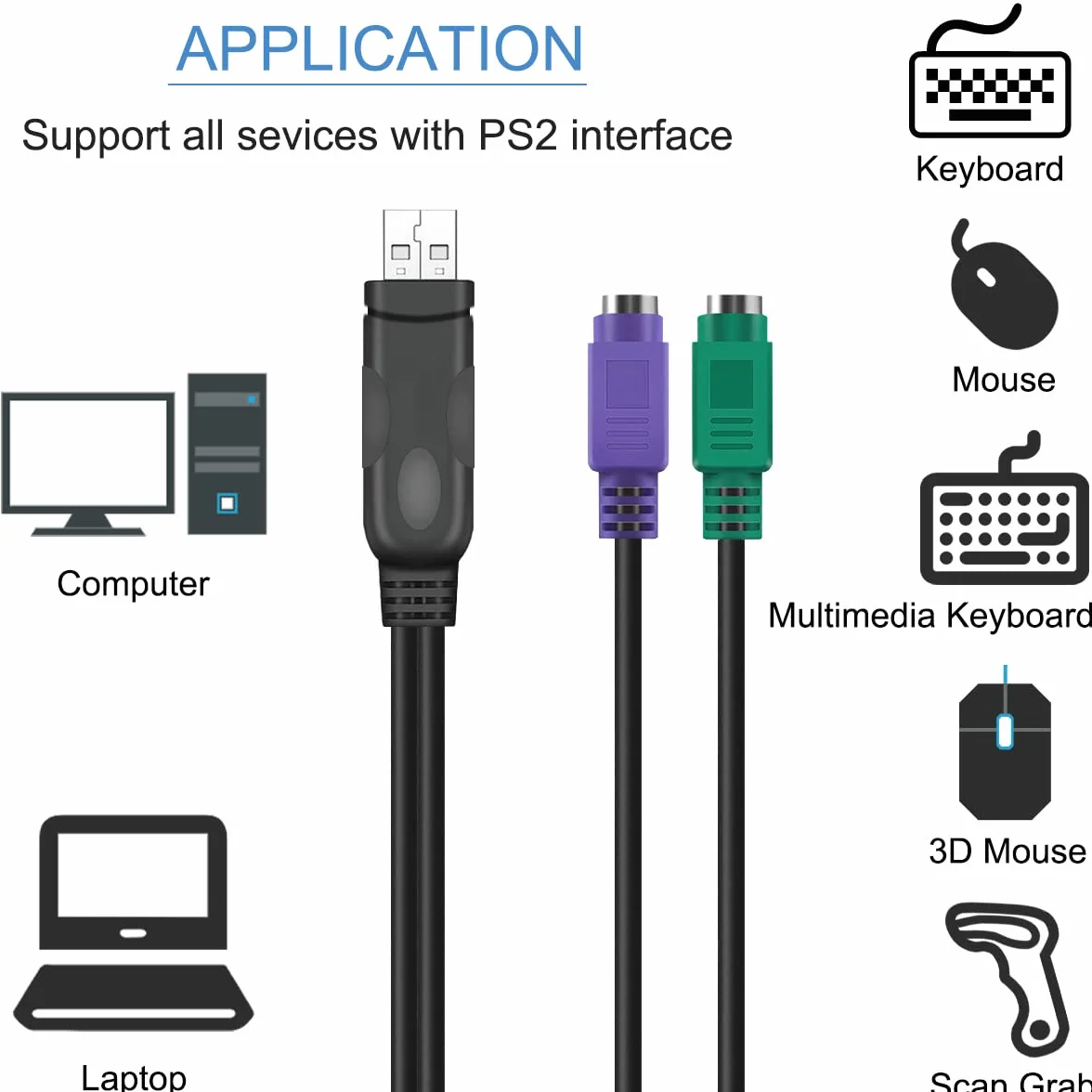 PS2 na USB adapter do klawiatury, kabel PS/2 żeński na USB A męski wtyk z chipem, 2 szt. 2 w 1 PS2 na kabel konwertera USB 2.0
