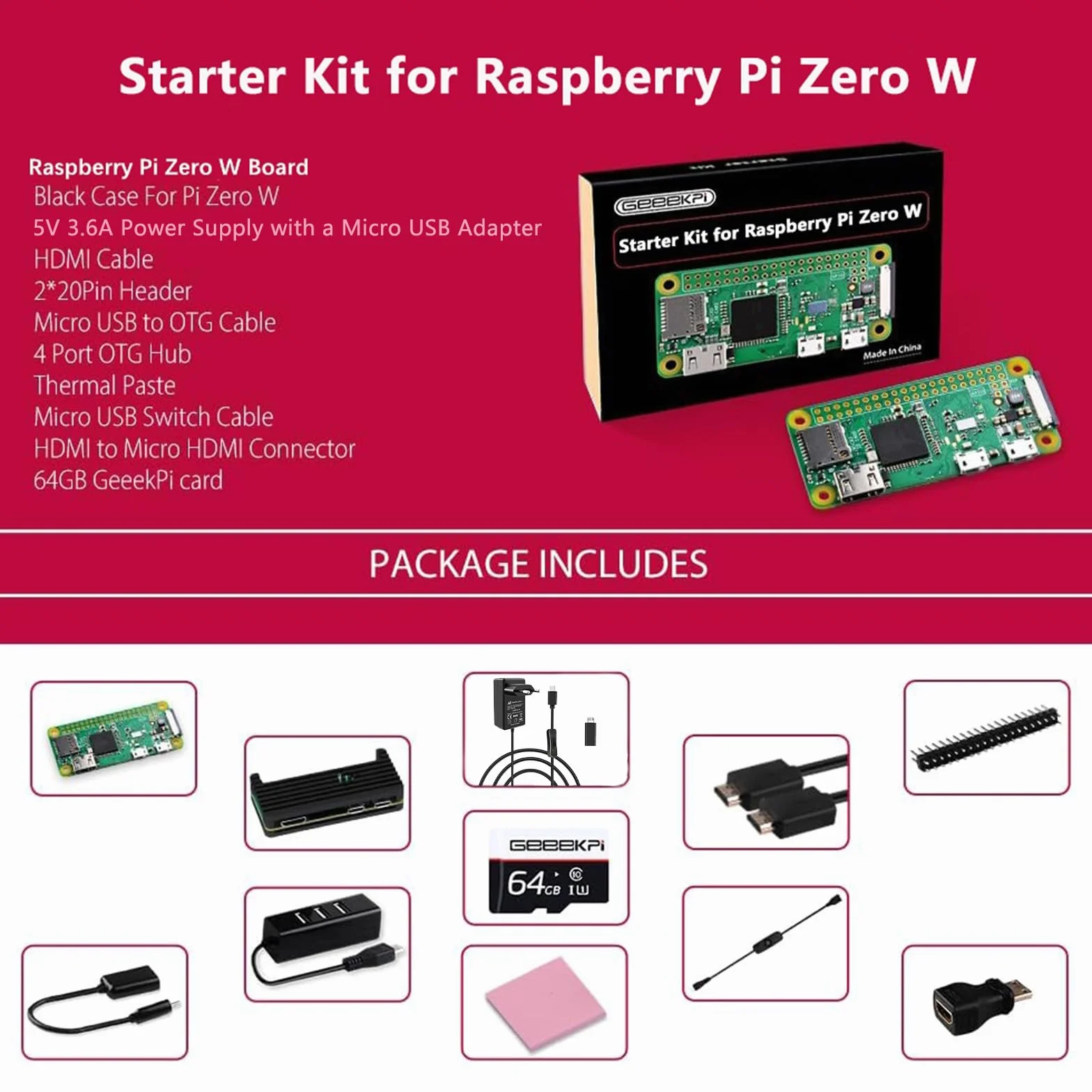 GeeekPi Zestaw startowy dla Raspberry Pi Zero W, z obudową RPi Zero W, karta SD 64GB, zasilacz, nagłówek 20Pin, adapter Micro USB do OTG, kabel HDMI, adapter HDMI, kabel przełącznik i 4 porty USB Hub