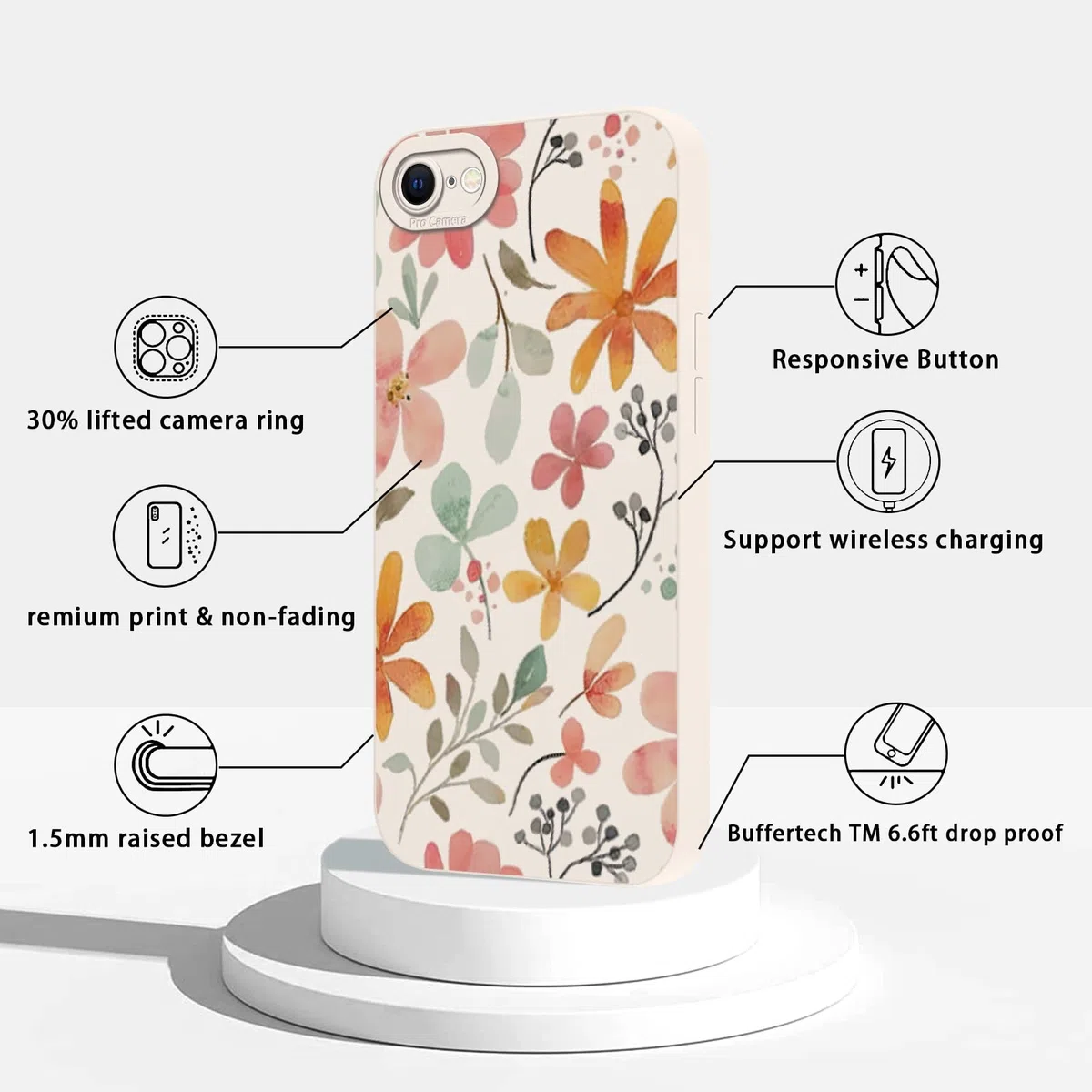 Kueqeay Etui ze smyczą do iPhone 7/8/iPhone SE 2022/SE 2020 4,7" miękki TPU wzór etui kwiat biały ze sznurkiem naszyjnik silikonowy futerał ochronny na telefon komórkowy okrągły dekolt, 01