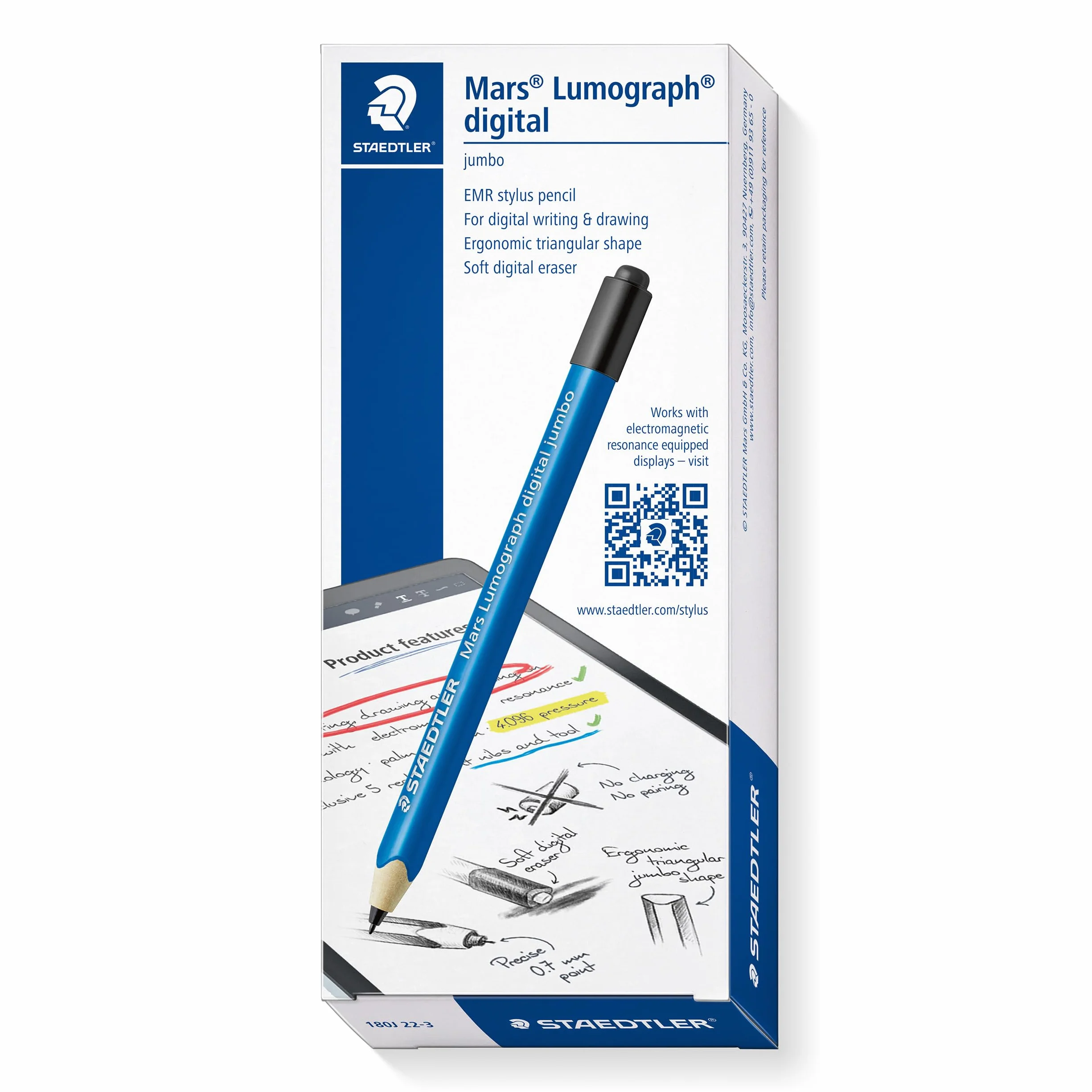 Staedtler Mars digital Jumbo 180J 22. EMR Stylus z miękką cyfrową gumką. Rysik do cyfrowego pisania, rysowania i mazania na ekranach dotykowych EMR (4096 poziomów ciśnienia, końcówka 0,7 mm)