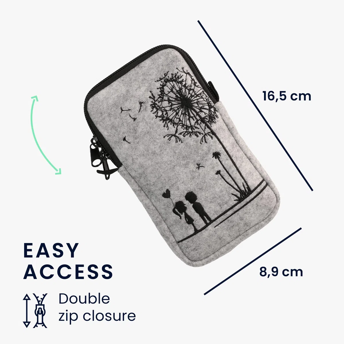 kwmobile Filcowa torba na telefon z wzorem L - 16,5 cm - uchwyt na pasek 16,5 x 8,9 cm - Dandelion Love czarny/jasnoszary