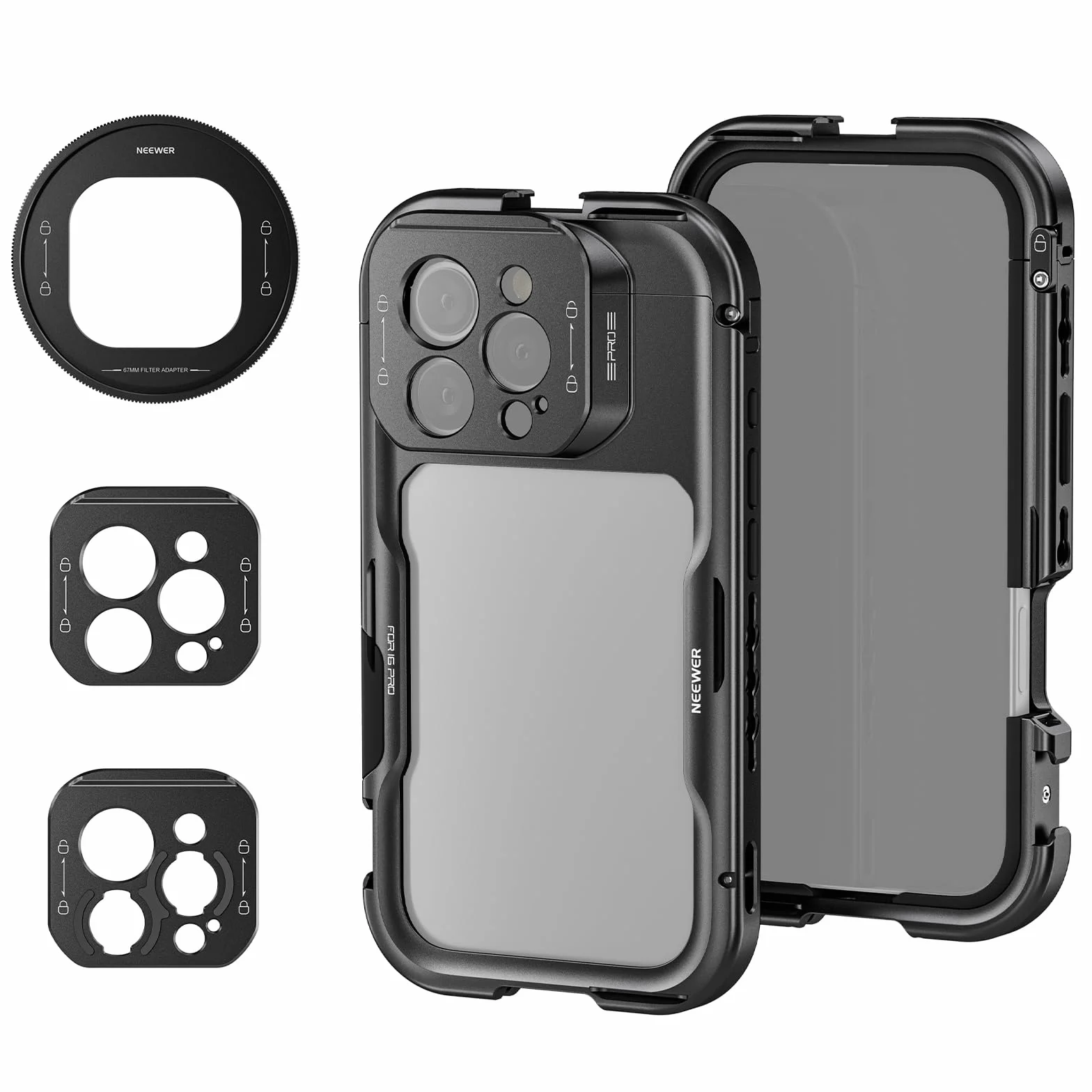 NEEWER 16 Pro Cage Quick Release Video Rig Stabilizer kompatybilny z iPhone 16 Pro z 67mm adapterem filtra 17mm tylna płytka obiektywu T mocowanie obiektywu kompatybilny z Moment PA073