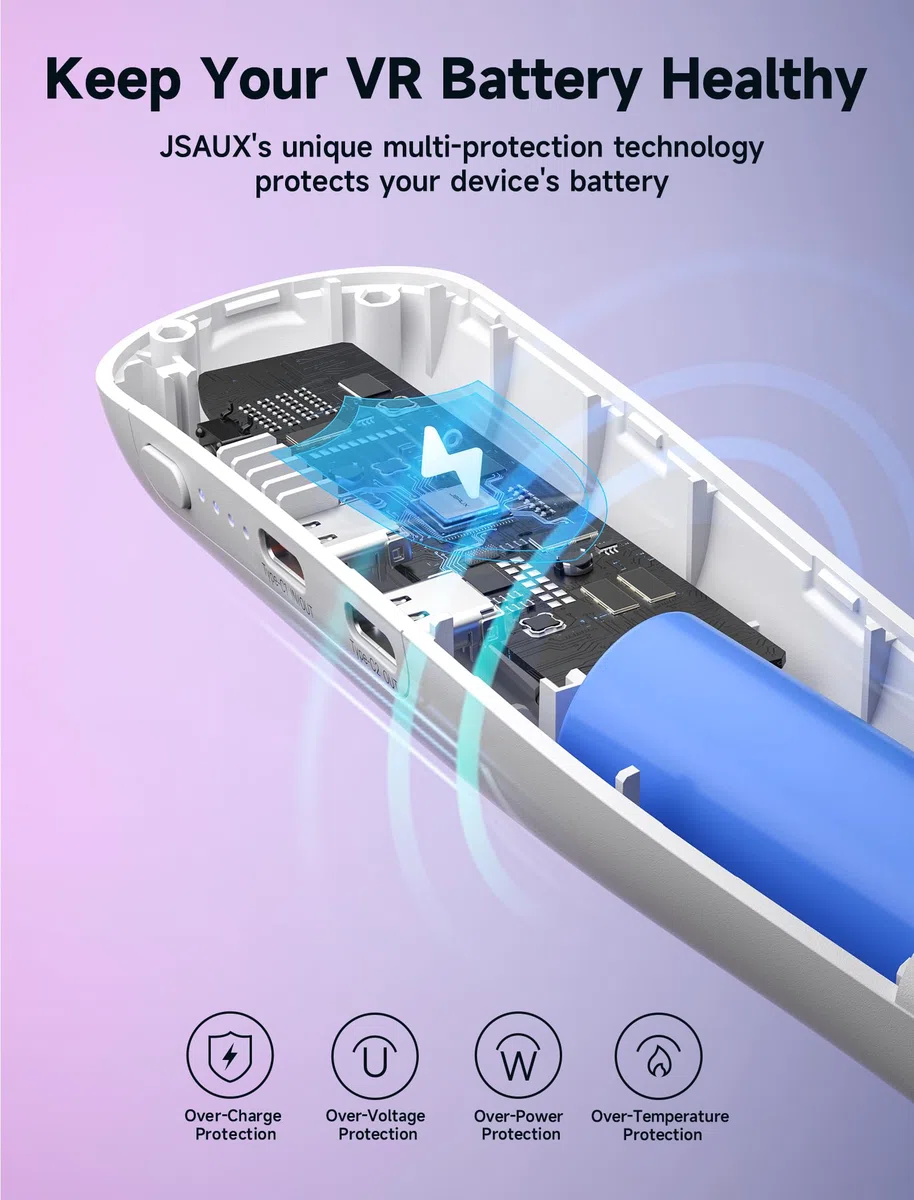 JSAUX Zestaw akumulatorów kompatybilne z Oculus Quest 3 2, 10 000 mAh PD szybka ładowarka (dodatkowy czas odtwarzania 4-6 h), akcesoria VR Extend Power, kompatybilne z Meta Quest 3, PSVR 2, Pico 4
