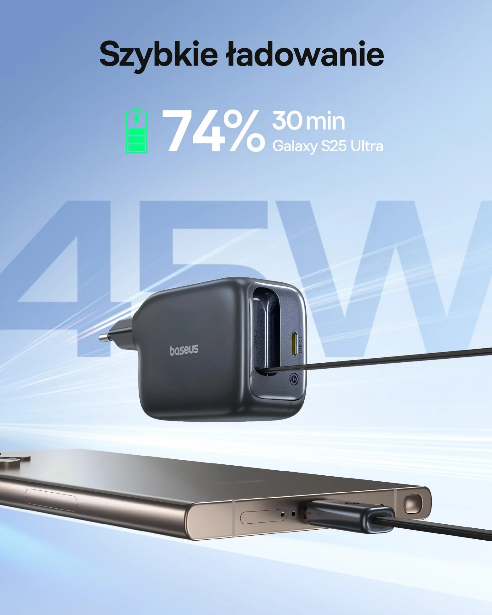 Ładowarka USB-C 45W do iPhone, Baseus Enercore z kablem USB-C, ładowarka do iPada, szybkie ładowanie PPS dla iPhone 16/15/14/13/12/11 Pro Max/Air, Samsung Galaxy S25, Pixel, z wysuwanym kablem