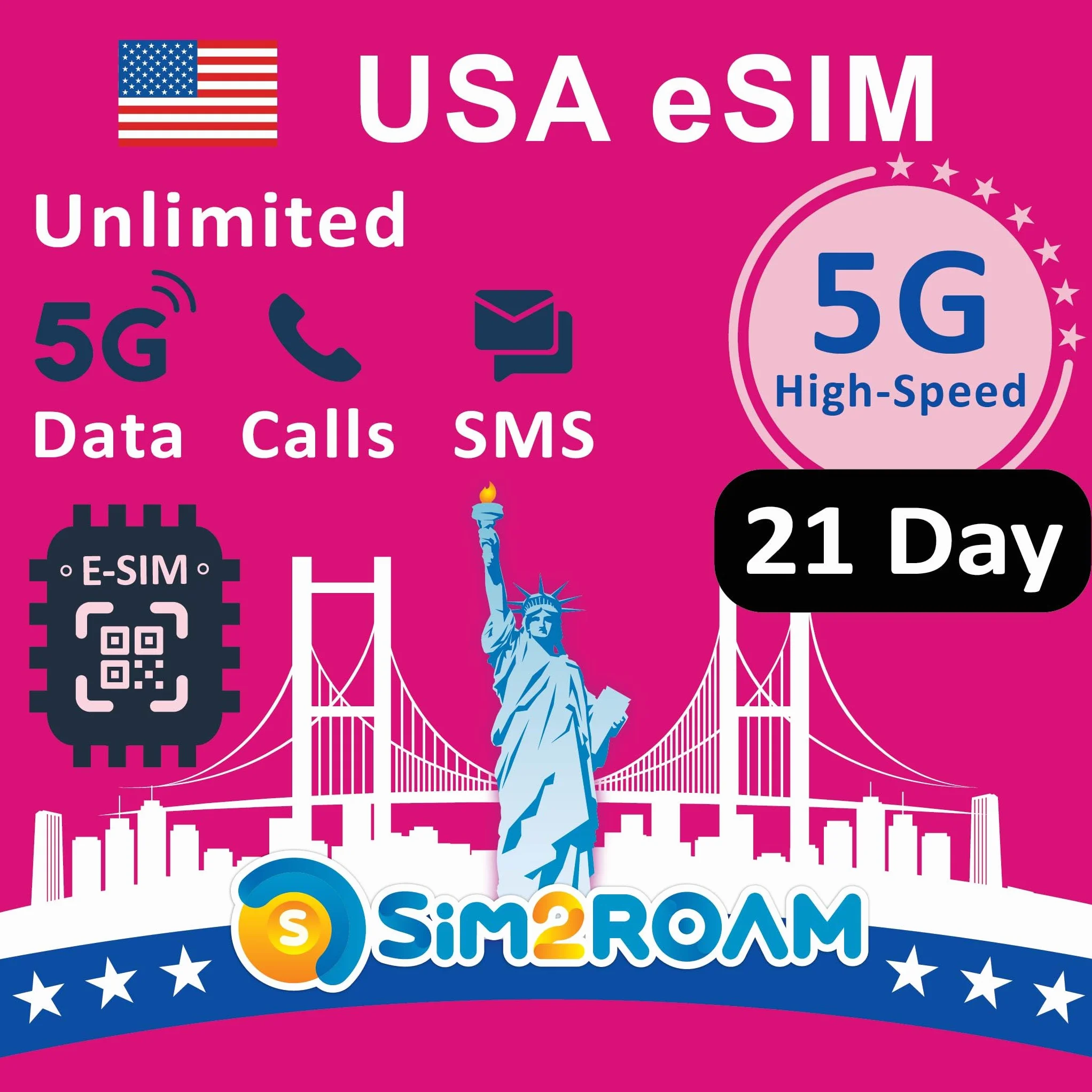 Przedpłacona karta eSIM w USA (użyj sieci T-Mobile) | Nieograniczona transmisja danych internetowych 5G/4G w USA (w tym Hawaje) + 5 GB danych 5G/4G w Kanadzie i Meksyku |(21 dni)