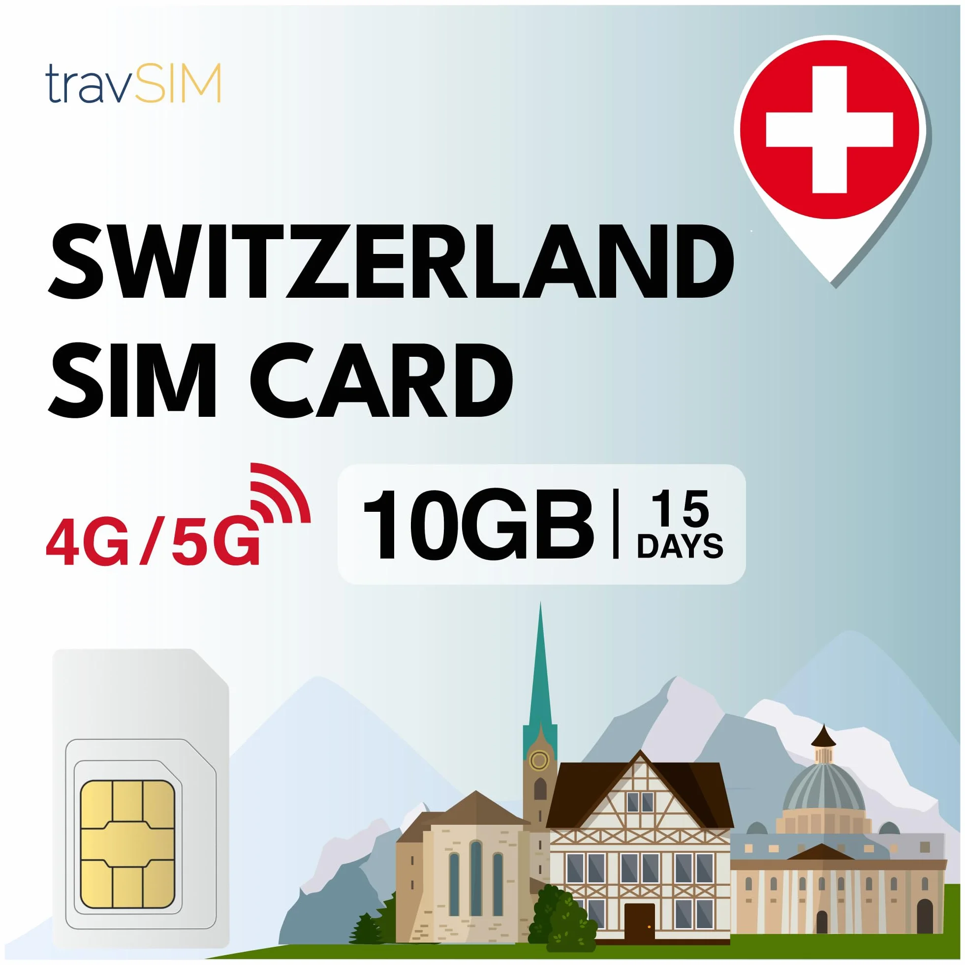 travSIM Switzerland SIM card | karta SIM 10 GB - 15 dni abonamentu | Szwajcarska karta SIM zapewnia nieograniczony dostęp do Internetu dla Google, Facebook, WhatsApp, Instagram i nie tylko.