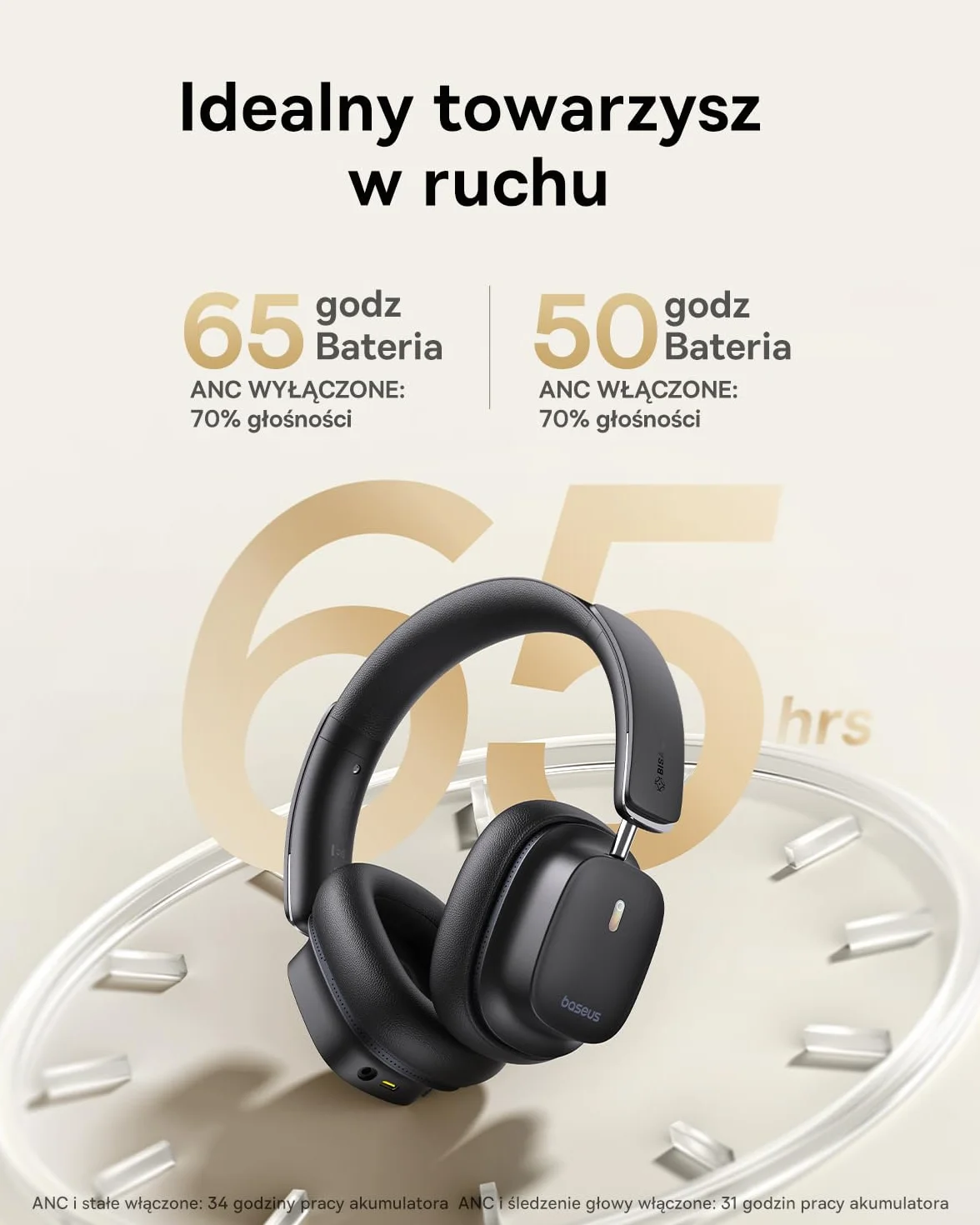 Baseus Bezprzewodowe słuchawki z redukcją szumów Bluetooth LDAC Hi-Res 65h