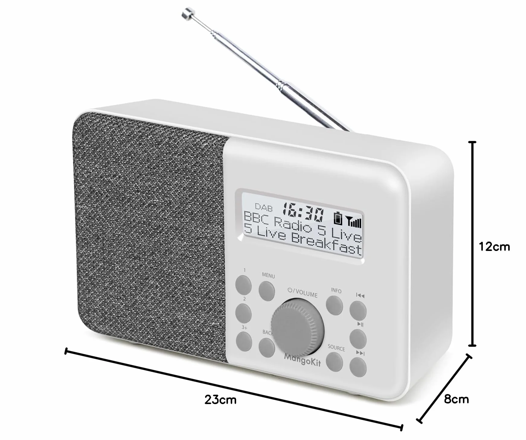 Przenośne radio cyfrowe DAB+ FM z alarmem i zegarem, 40 ustawień wstępnych, wyświetlacz LCD, szary