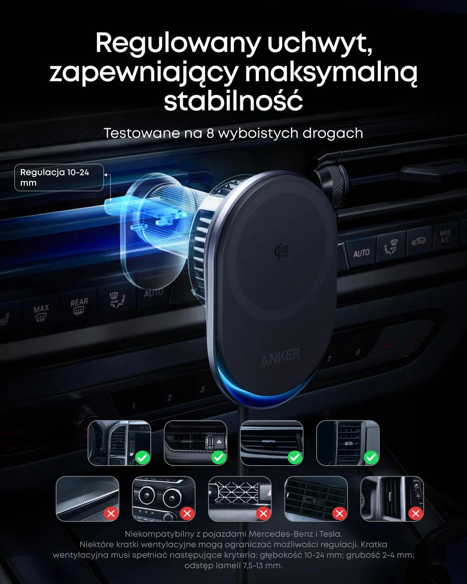 Anker Prime Magsafe Ładowarka samochodowa, bezprzewodowa ładowarka samochodowa z certyfikatem Qi2 25 W i aktywnym chłodzeniem TEC, mocne magnesy, uchwyt na kratkę wentylacyjną do iPhone'a 17-12