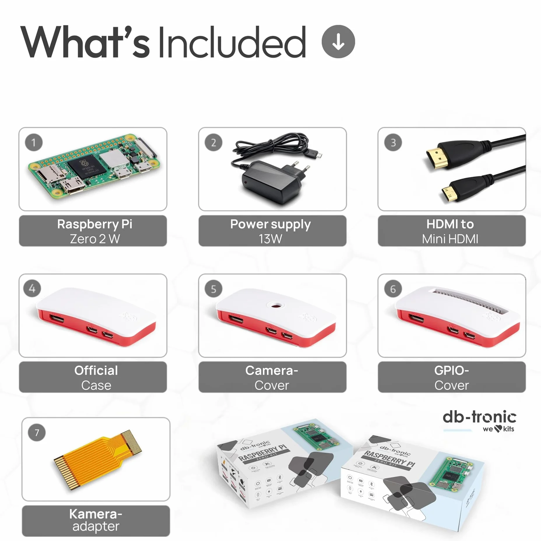 db-tronic Raspberry Pi Zero 2 W 512 MB Starter Kit | Zasilacz 13 W | Obudowa z 3 osłonami | Mini HDMI | Kabel do kamery | Gumowe nóżki | idealny do Home Assistant i smart home