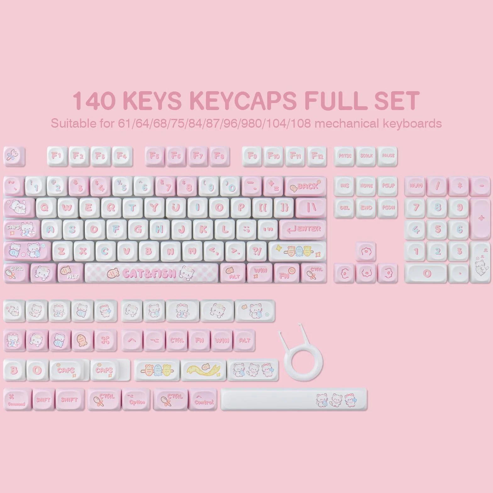 PBT Cute Kitty-cat Keycaps Set 140 Keys Dye-Sublimation MOA Profile for Cherry Gateron MX Switches Mechanical Keyboards