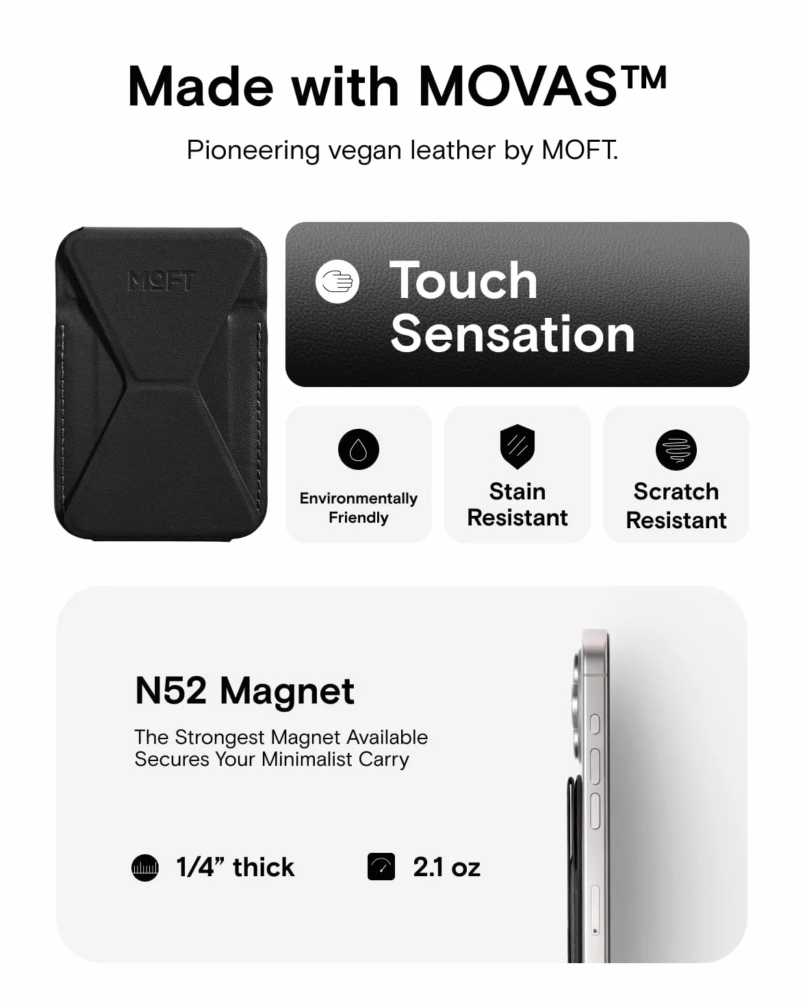 MOFT Magnetyczny stojak na portfel z MagSafe iPhone 15/14/13/12, skóra wegańska, 2 karty, czarny